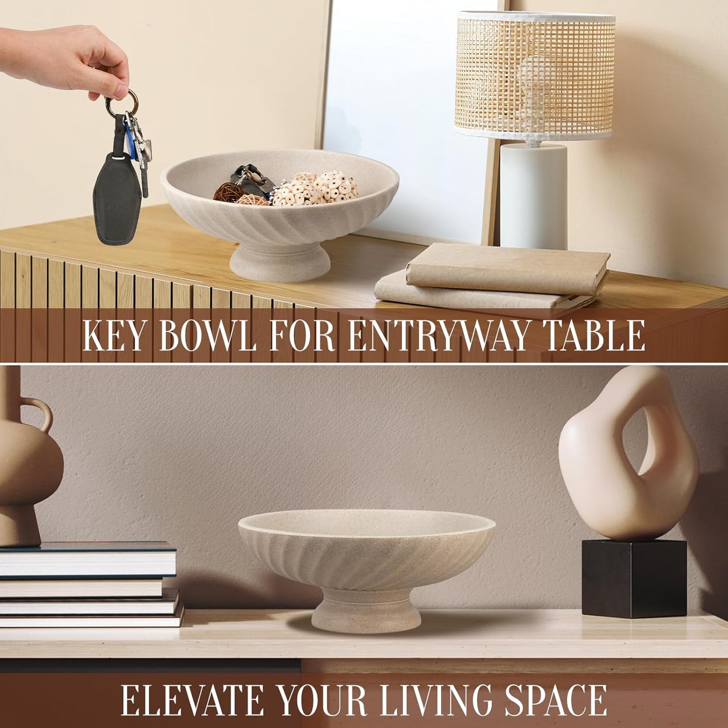 Large Resin Pedestal Decorative Bowl - Modern Fruit Bowl for Kitchen Counter - Handicraft Bowls for Home Decor - Key Bowl for Entry Table,Artificial Stone Beige