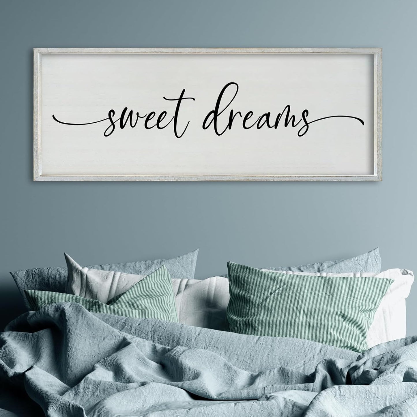 SRSZHIYUE Sweet Dreams Above Bed Wall Decor, 40"x15" Large Rustic Master Bedroom Over Bed Sign Guest Room Couples Wood Framed Farmhouse Horizontal Hanging Decoration (White)