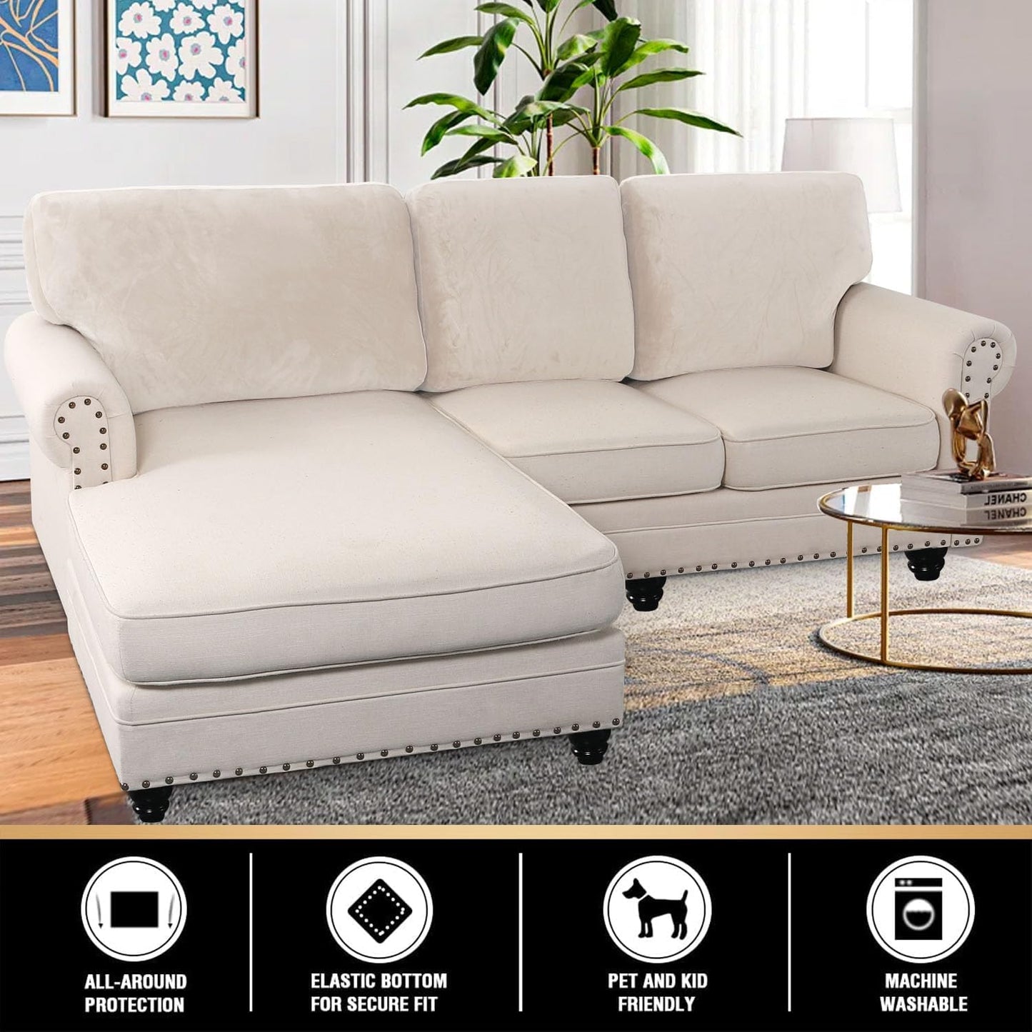 PrinceDeco Sectional Couch Covers Velvet Cushion Covers for Sectional Couch Cushion Covers for Sectional Sofa Separate Sectional Sofa Slipcovers Washable(1 Chaise Back+ 2 Sofa Back,Ivory)