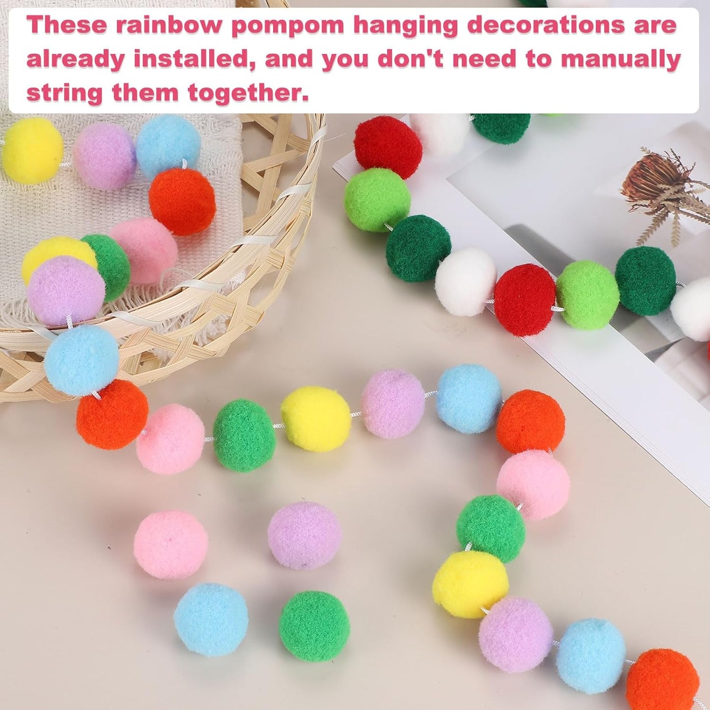 PATIKIL 26Ft Pom Pom Garland Decorations, 4Pcs Colorful Felt Ball Garland Banner Cute Rainbow Pompom Hanging Decorations for Tree Ornaments Homes Decor, Orange/Black/Purple/White