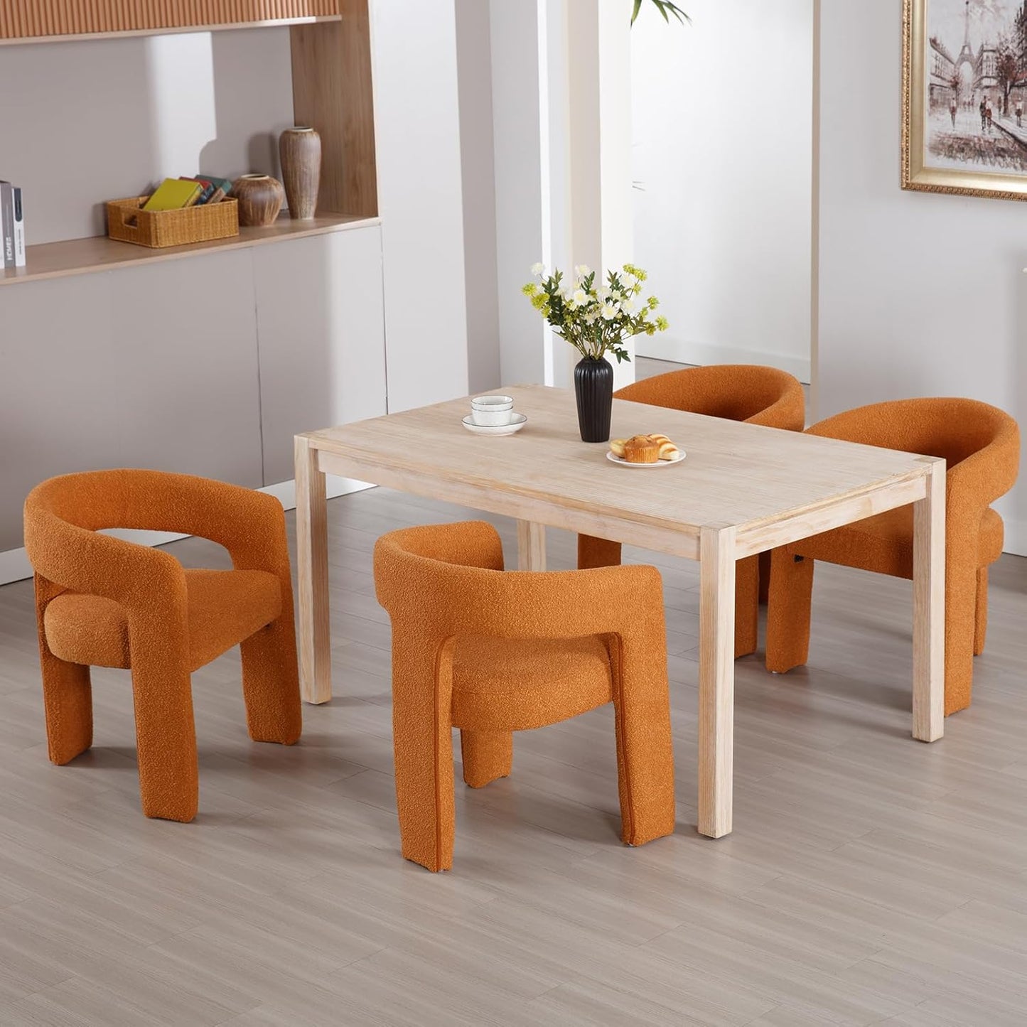 Orange Sherpa Dining Chairs Set of 4, Modern Barrel Dining Room Chairs Upholstered Faux Fur Accent Chair with Arms and Round Back for Living Room Kitchen Armchair No Assembly Needed