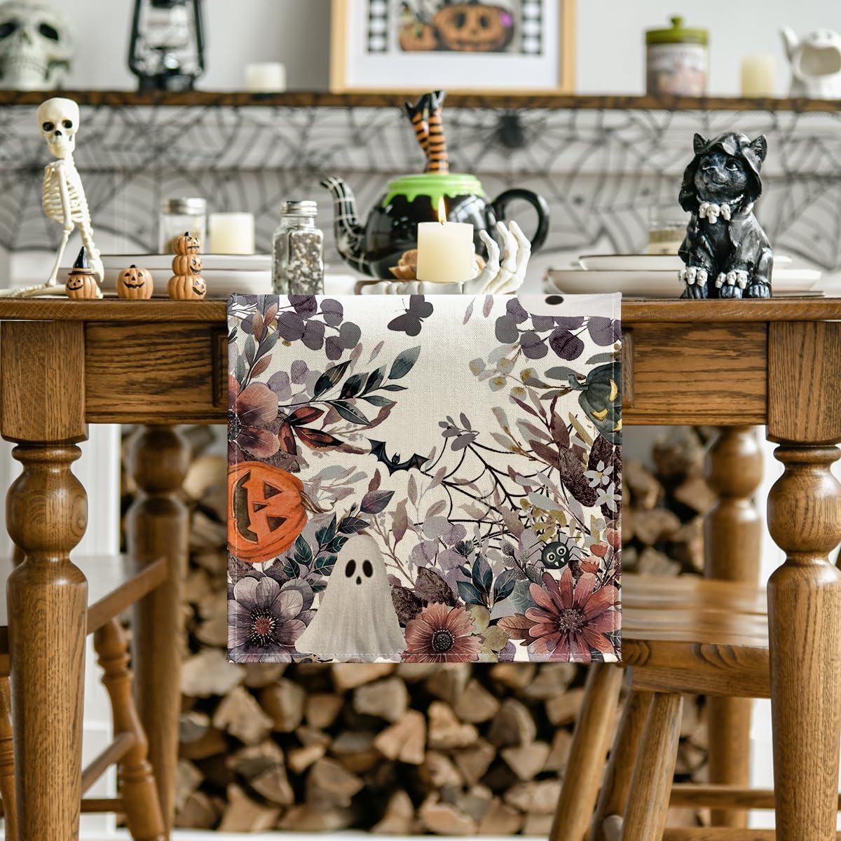 Artoid Mode Jack-O'-Lantern Pumpkin Floral Ghost Halloween Table Runner, Eucalyptus Kitchen Dining Table Decoration for Home Party Decor 13x36 Inch