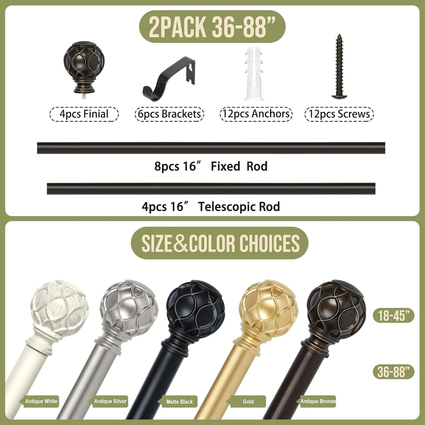 Bronze Farmhouse Curtain Rods for Windows:Heavy Duty Adjustable Curtain Rod for Bedroom Living Room,Boho Decorative Rustic Drapery Rods with Vintage Coastal Finial,Antique Bronze 2 Pack 36-88"