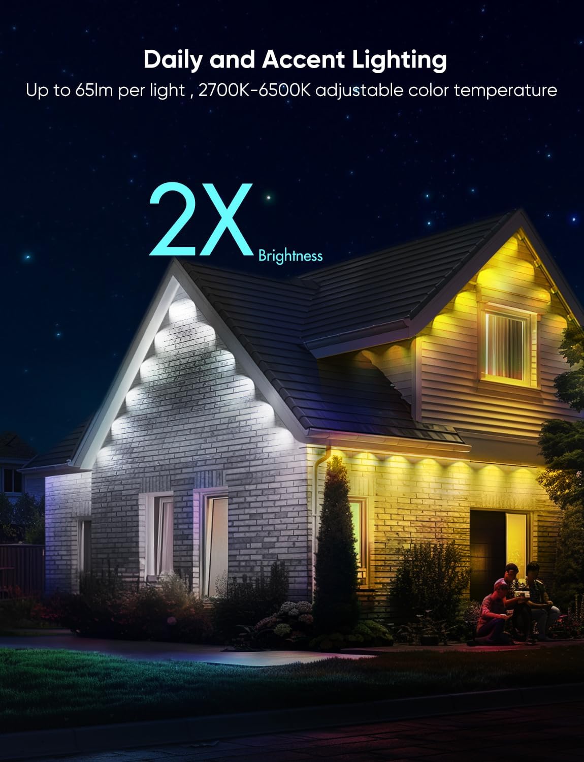 Permanent Outdoor Lights Pro 200ft, RGBCW Smart Eaves Lights with 144 LED Lights, Dual Lens, Cuttable, 111 Scene Modes, IP67 Waterproof Lighting for Holiday Decoration, Work with Alexa, White