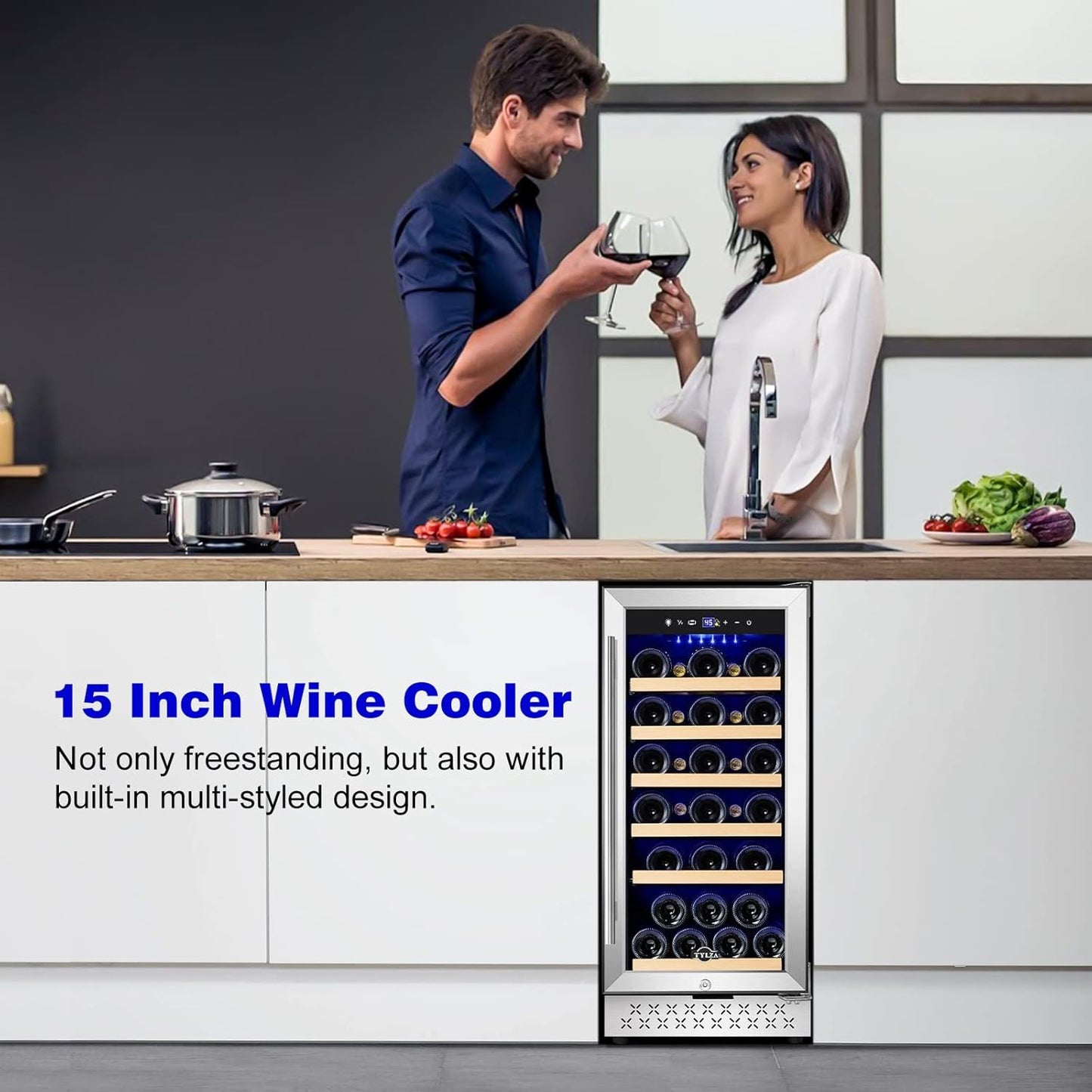Tylza 15 Inch Wine Cooler Under Counter, 33 Bottle Built-in Wine Fridge with Stainless Steel Tempered Glass Door, Temp Memory Function, Freestanding Fast Cooling Wine refrigerator, Quiet Operation