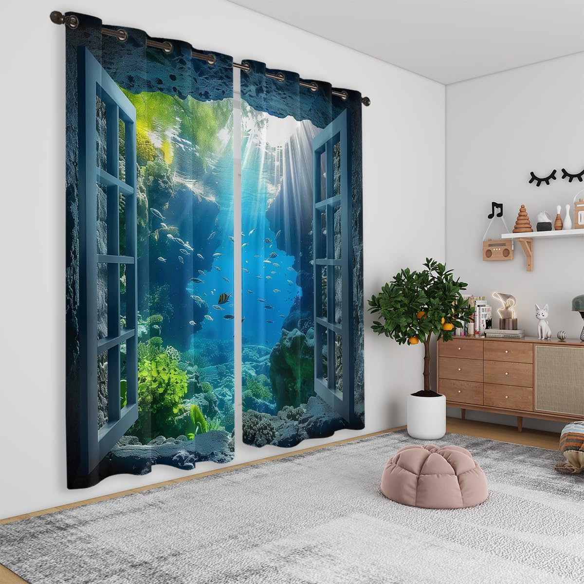 Ocean Fishs Blackout Curtains for Girls Boys Home Decor, Underwater Tropical Fish Undersea Coral Grommet Thermal Insulated Drapes Darkening Window Curtain for Bedroom Living Room, 42 x 63 Inch