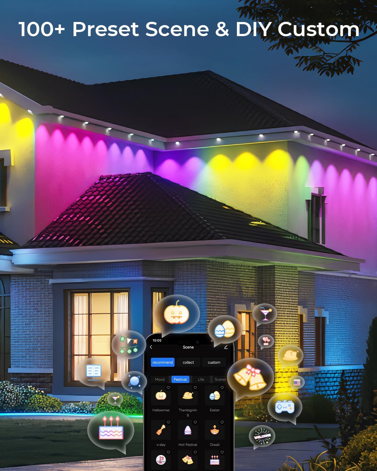 CINOTON Permanent Outdoor Lights 150ft, Smart RGBW Eaves Lights with 108 LEDs, IP67 Waterproof, 111 Scene Mode for Daily and Festival, Halloween Christmas Party Holiday Decor, APP/Voice/Remote Control