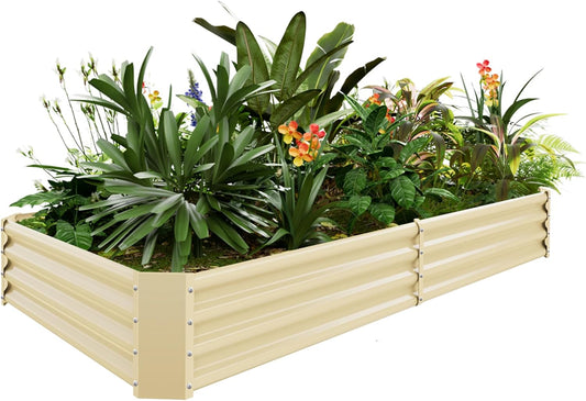 Land Guard 8×4×1ft Galvanized Metal Raised Garden Bed, Metal Planter Kit Box Outdoor for Deep-Rooted Vegetables, Flowers, Green and Herbs (Cream Yellow)…