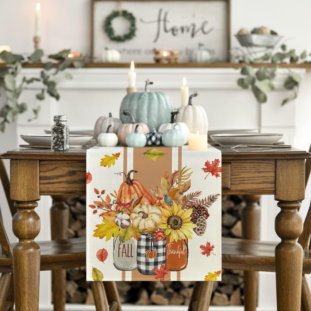 Artoid Mode Thankful Fall Pumpkin Leaves Floral Vases Table Runner, Autumn Thanksgiving Kitchen Dining Table Decoration for Home Party Decor 13x48 Inch