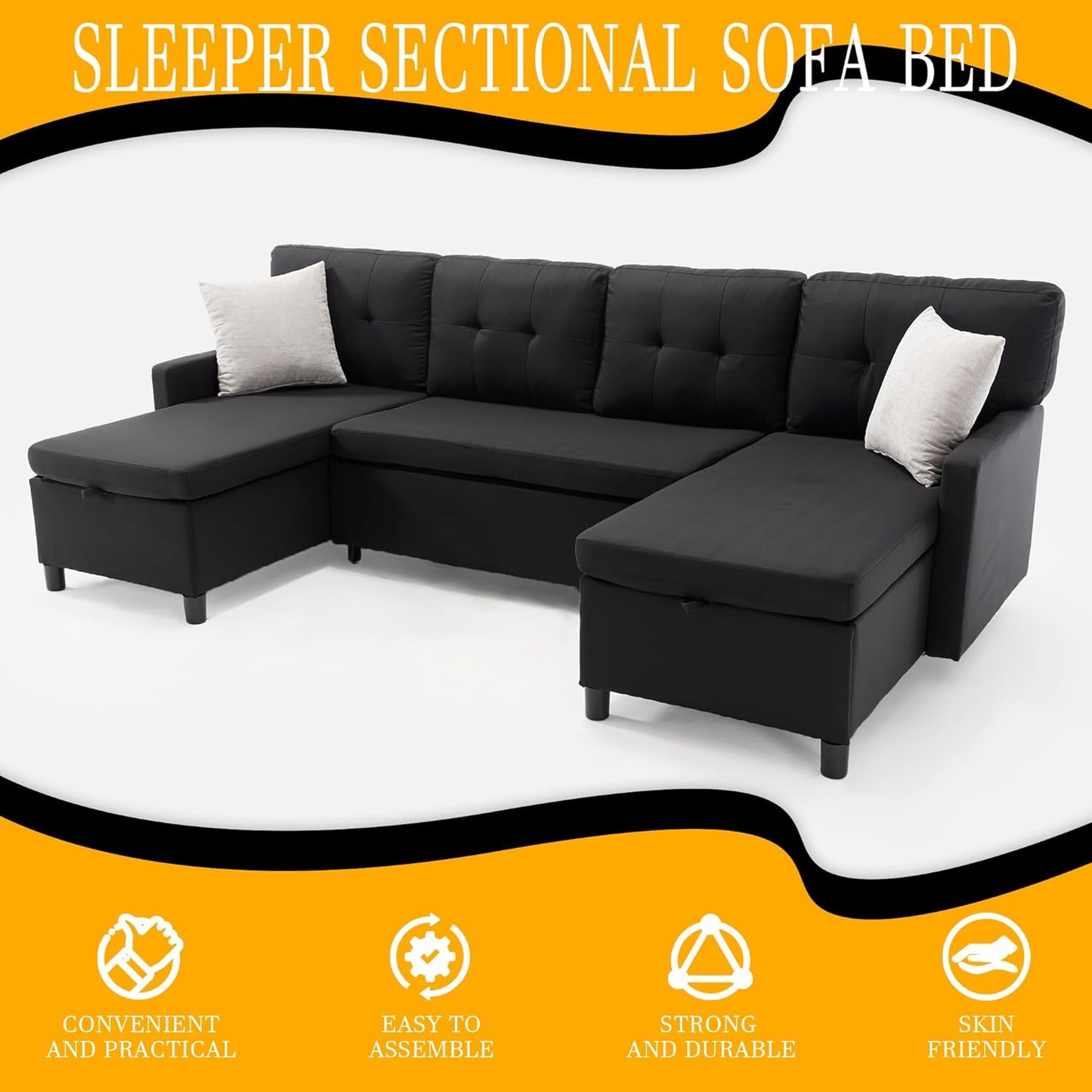 Pull Out Couch, Oversized Sleeper Sofa Couch, Sectional Sleeper Sofa Bed for Living Room Bedroom Lounge (Black, 110 Inch)