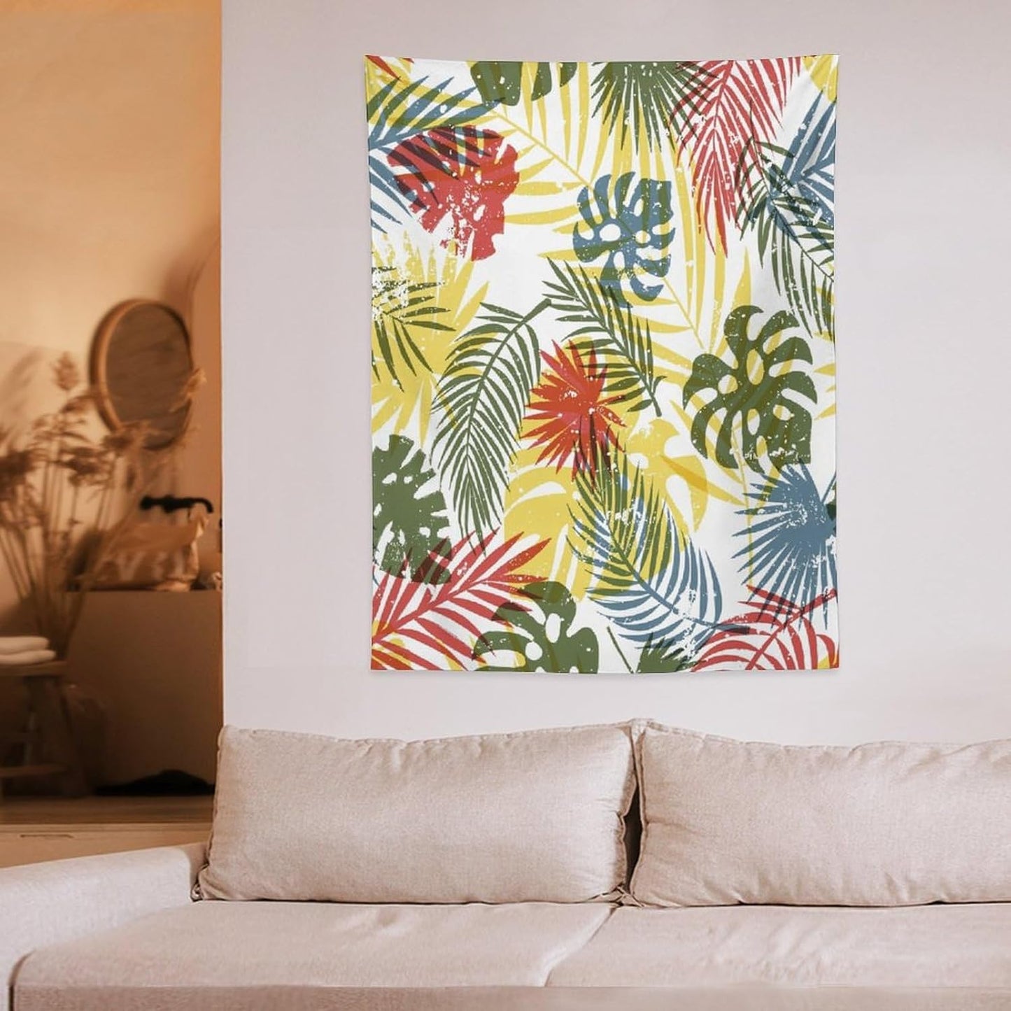 ICMOLYYENLO Boho Green Leaves Tapestry, Mid Century Abstract Tropical Palm Leaves Modern Minimalist Geometric Wall Hanging, Neutral Home Decor Art for Living Room Bedroom Dorm 40x60 Inch