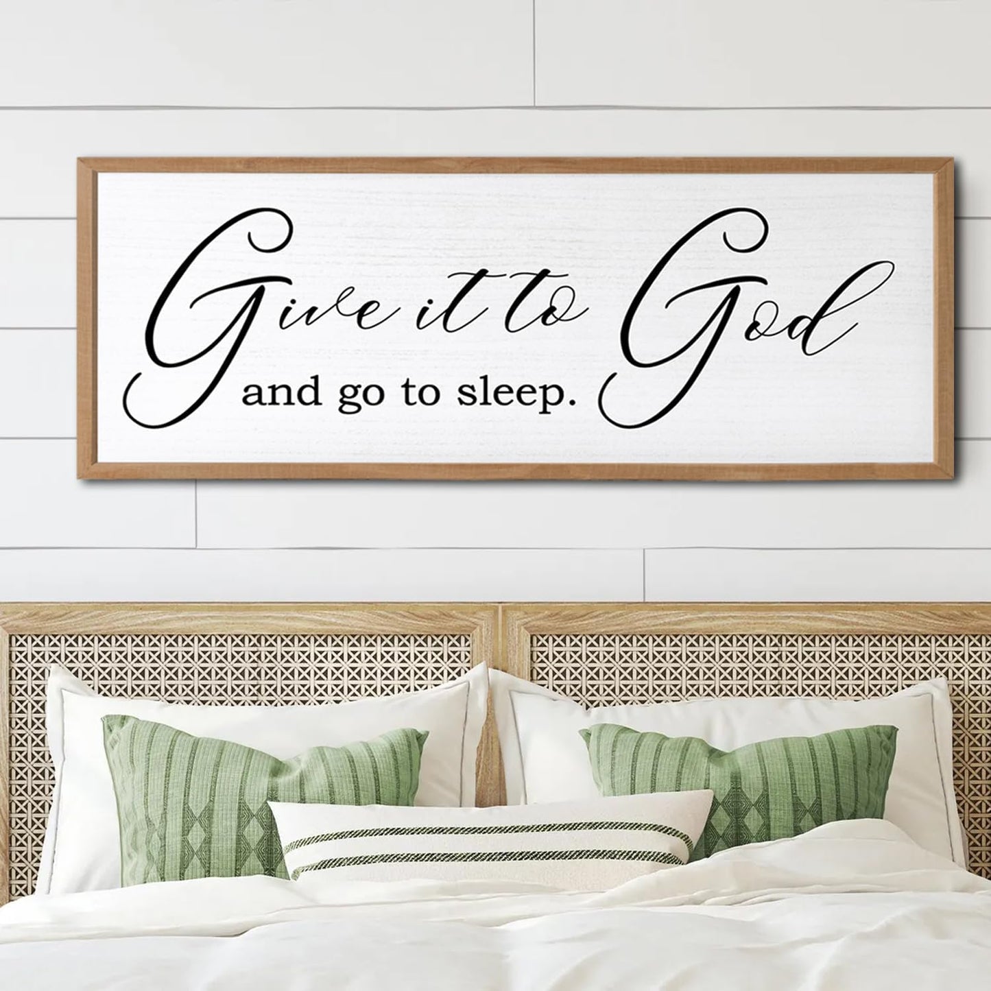 Give It To God And Go To Sleep Sign Wall Decor 40x15 Inch Large Farmhouse Master Bedroom Above Bed Hanging Wall Art Rustic Guest Room Wood Framed Over Bed Wall Decoration (Wood White)