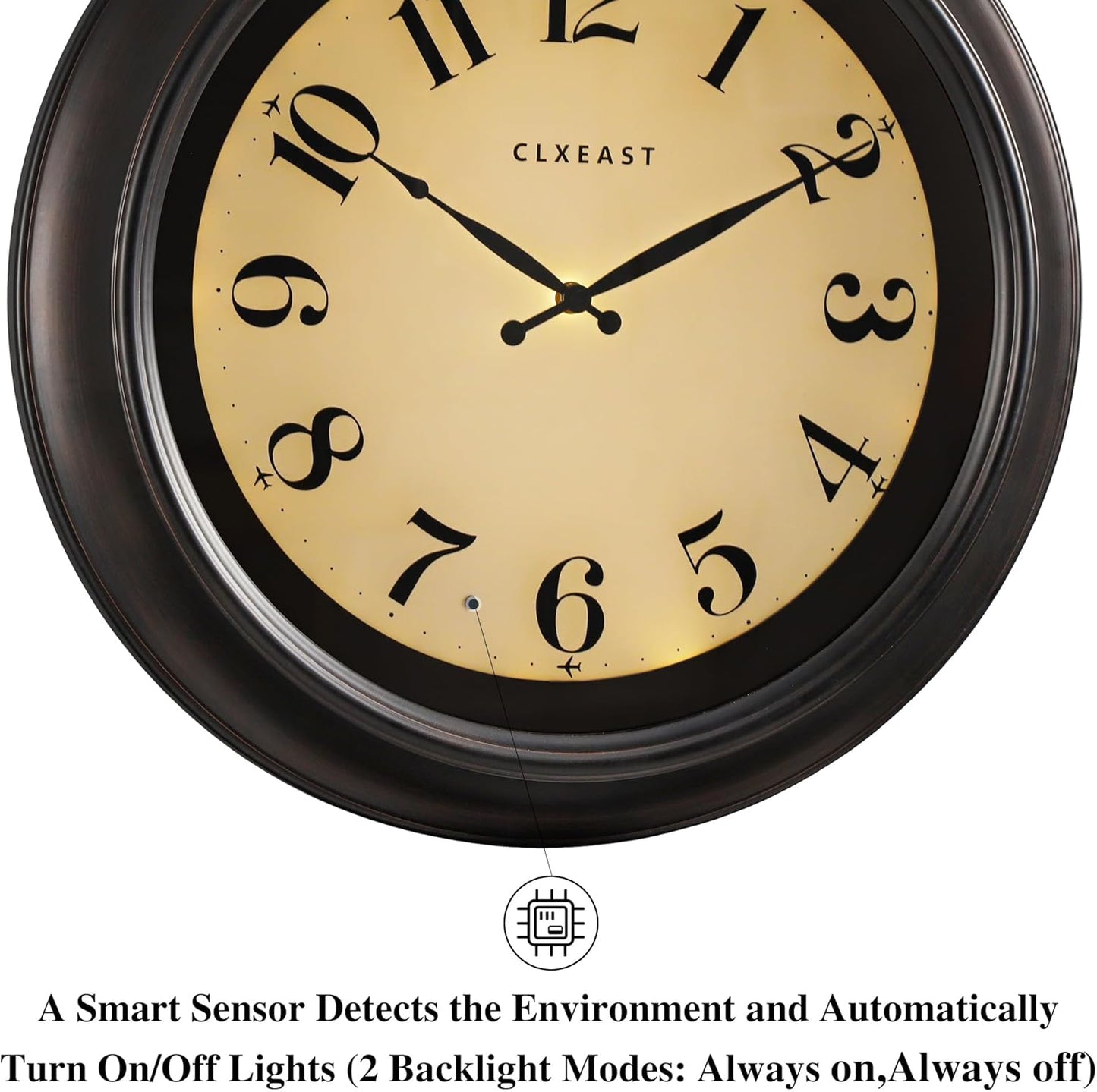 CLXEAST 18 Inch Large Illuminated Wall Clock with AI Smart Night Light Sensor,Modern Farmhouse Wall Clocks for Living Room,Bedroom,Bathroom, Kitchen, Home Office,Oil Rubbed Bronze Black