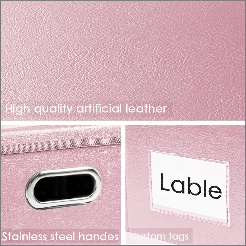 PRANDOM Foldable Storage Bins with Lids [5-Pack] Leather Fabric Collapsible Storage Boxes Organizer Containers Baskets Cube with Cover for Bedroom Closet Office Nursery Pink (14.9x10.8x10)