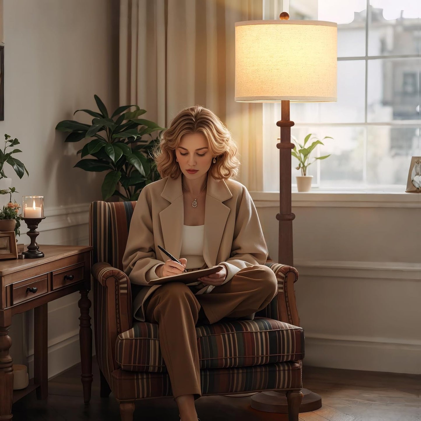 Floor Lamps for Living Room - 60" Resin Farmhouse Floor Lamp with 3 Color Temperatures - Vintage Standing Lamp Reading Light with Linen Shade Tall Lamp for Bedroom Office, Reddish Brown