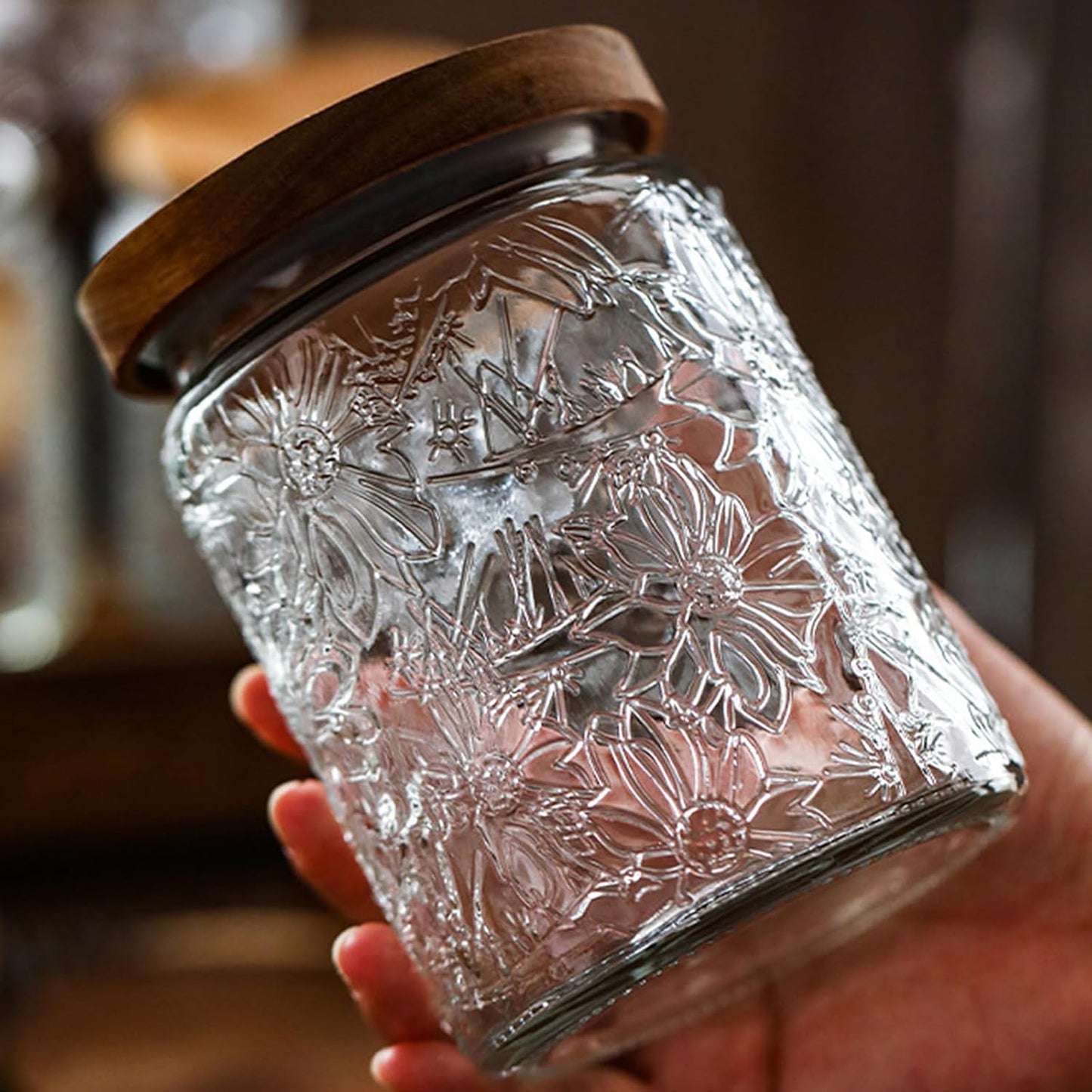 Vintage Glass Jars with Wooden Lids, 2 Pack 24 oz Airtight Glass Food Storage Containers Sets for the Kitchen, Sugar Coffee Candy Spice Cookie Tea Pasta