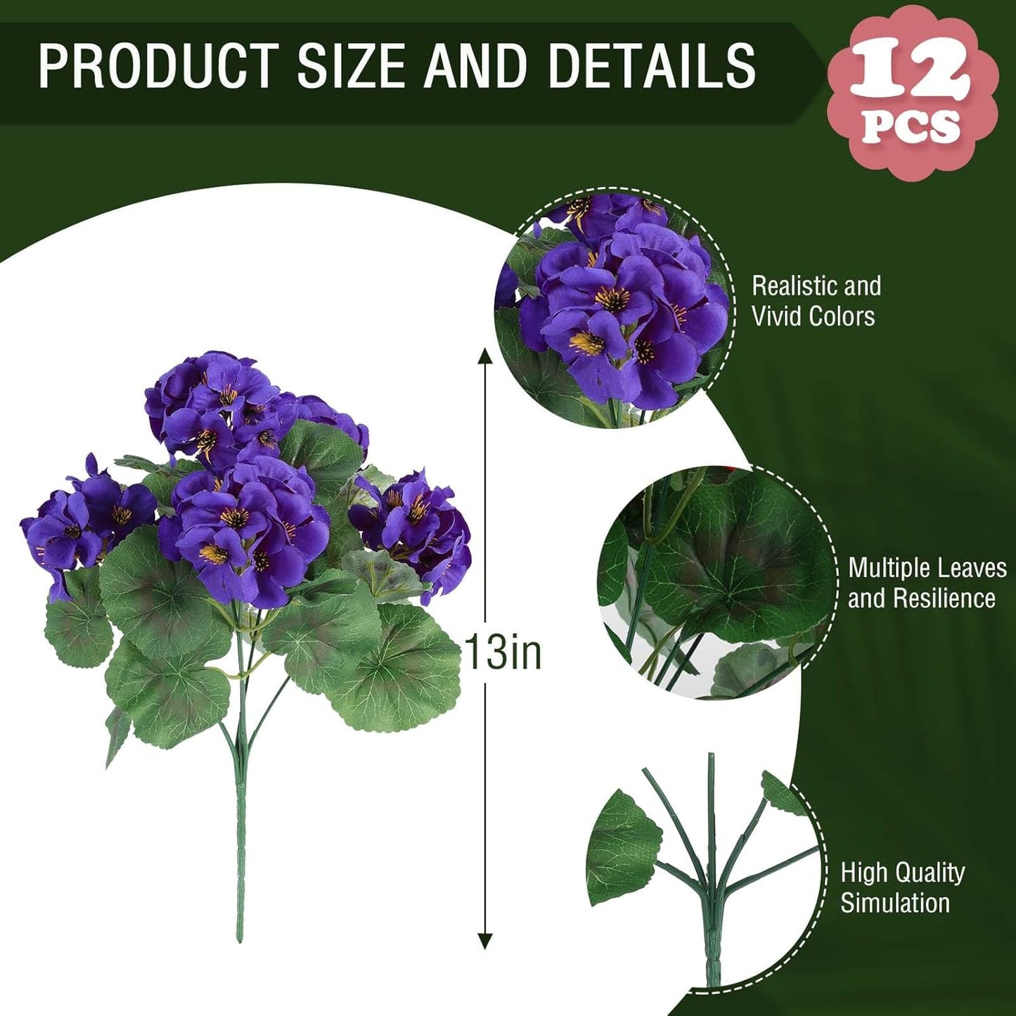 Hananona 12 Pcs Artificial Geranium Flowers for Outdoors Silk Purple Geranium Flowers Outdoor UV Resistant Plants Faux Flower for Home Kitchen Table Centerpieces Front Door Patio Decor (12, Purple)