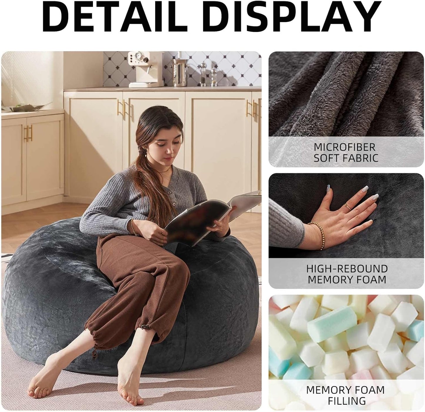 Bean Bag Chair 3Ft, Memory Foam Filled, Large Beanbag Chairs for Adults and Teens, Soft Sofa with Removable Flannel Cover, Round Couch for Living Room Bedroom College Dorm (Dark Gray, 3FT-36×36"×24")