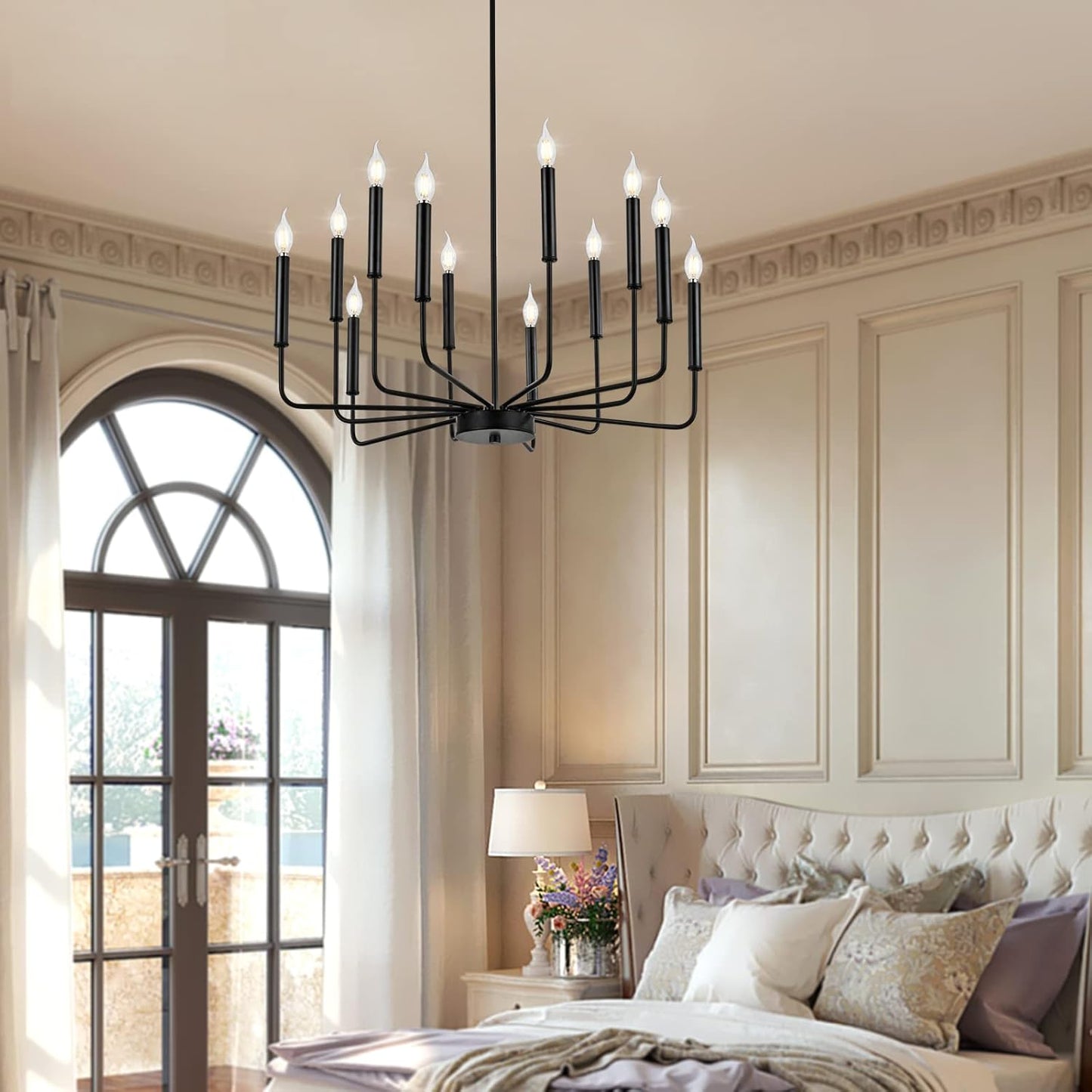 Modern Black Farmhouse Chandeliers, 12-Light Industrial Metal Chandelier Lighting, Classic Candle Hanging Pendant Light Fixtures for Living Room, Dining Room, Kitchen, Bedroom, Entryway