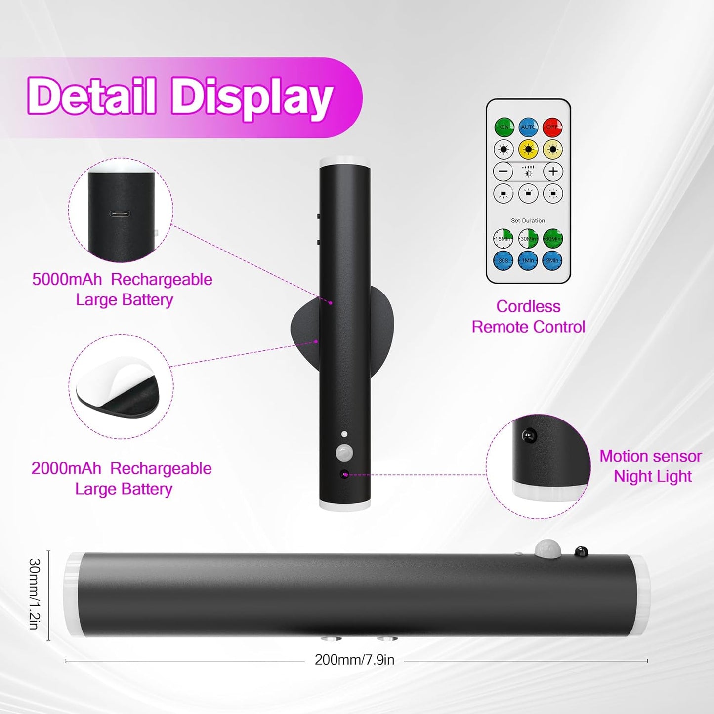 Battery Operated Wall Sconce Set of Two, Rechargeable Wall Lights with Motion Sensor, Remote Control, Dimmable Metal Magnetic Wall Lamp for Decor, Bedroom, Night Light (Black, 2 Pcs)