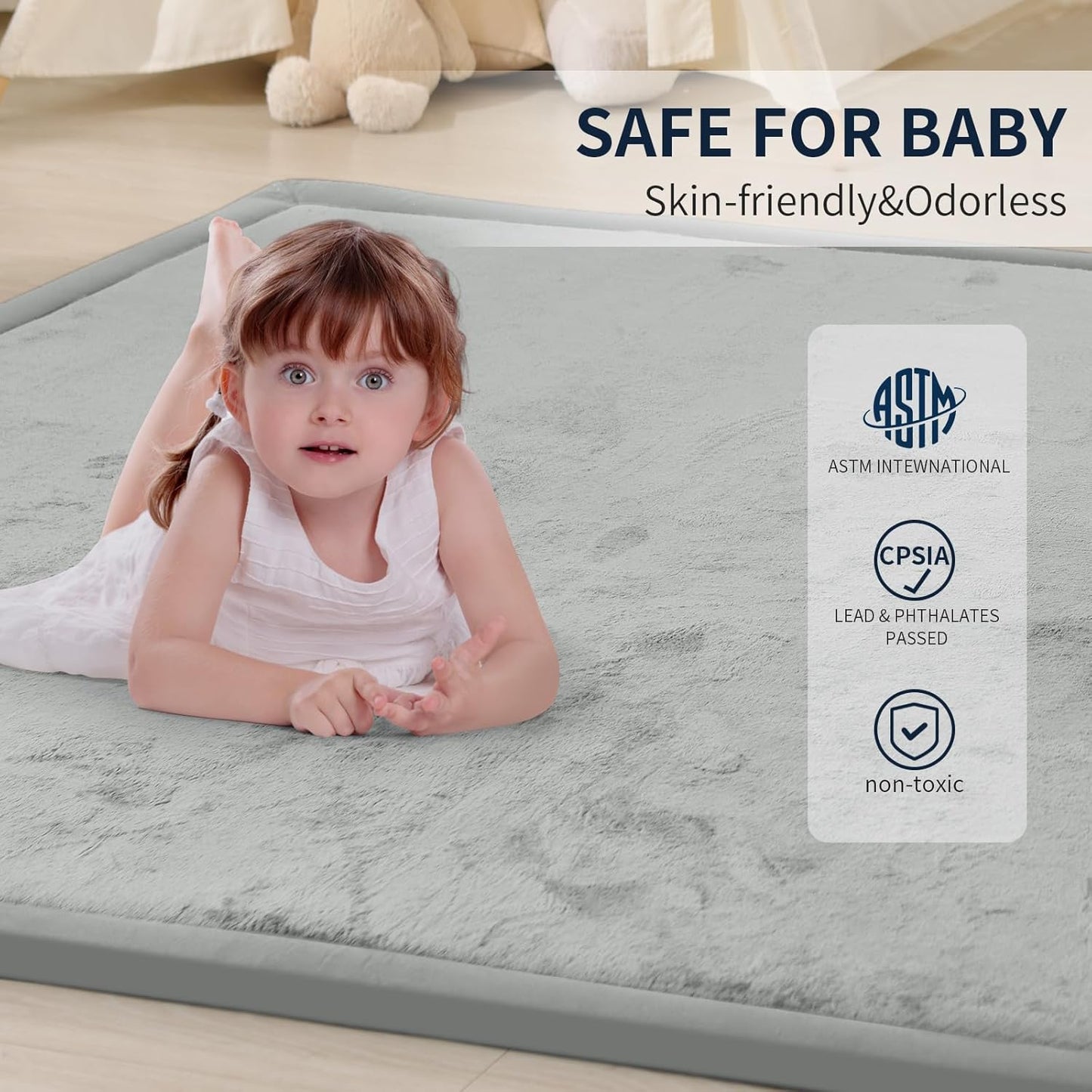 ACOMOPACK Baby Play Mat for Floor 1.3" Thick Memory Foam Play Mat 79"×118" Tummy Time Crawling with Non-Slip Bottom for Living Room,Nursery,Soft Velvet Playpen Mats for Kids,Infants（Light Grey）