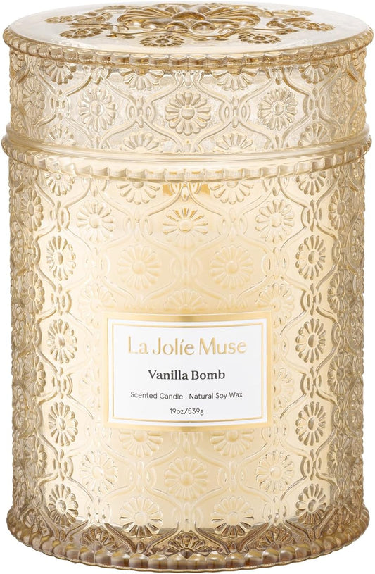LA JOLIE MUSE Fall Candle | Vanilla Bomb Candle –Vanilla, Lemon Zest & Patchouli |19 oz Large Wooden Wick | Natural Soy Wax | 90 Hours Clean Burn | Gift-Ready for Autumn Hosting | Seasonal Home Décor