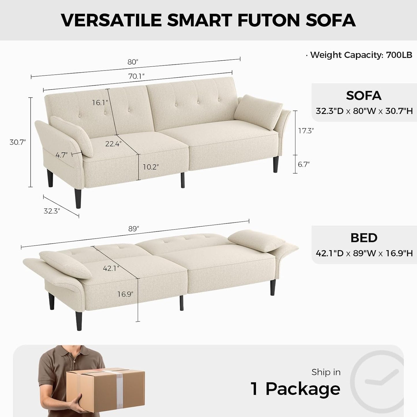 89” Futon Sofa Bed, Linen Comfy Futon Couch Bed with 2 Square Pillows, Convertible Sleeper Sofa with Adjustable Backrest& Armrests, Modern Loveseat Sleeper for Living Room, Bedroom, White