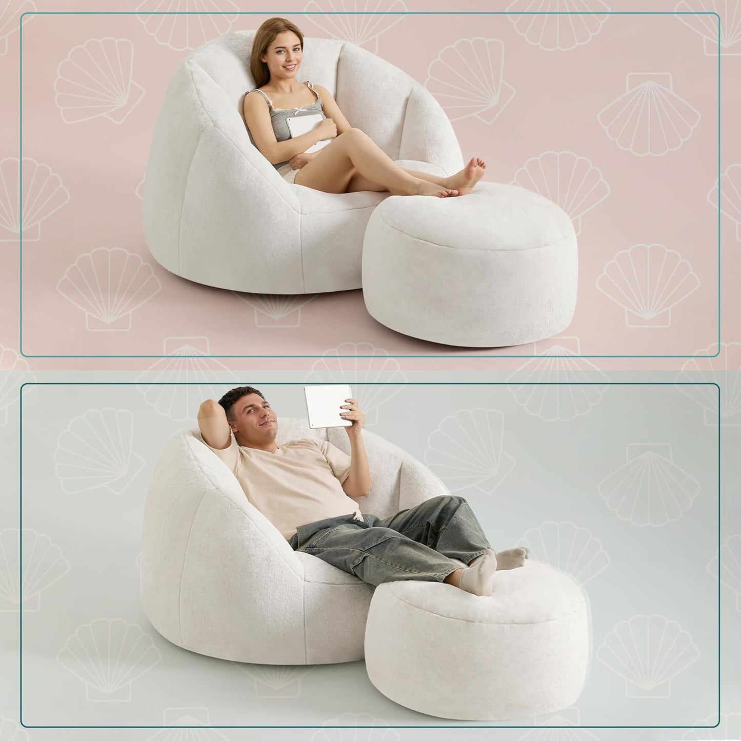 Giant Bean Bag Swivel Chair for Adults - Comfy Plush Round Shell Soft Accent Chaise Lounge Indoor Chair, Oversized Cozy Floor Sofa for Living Room, Bedroom & Game Rooms, Beige