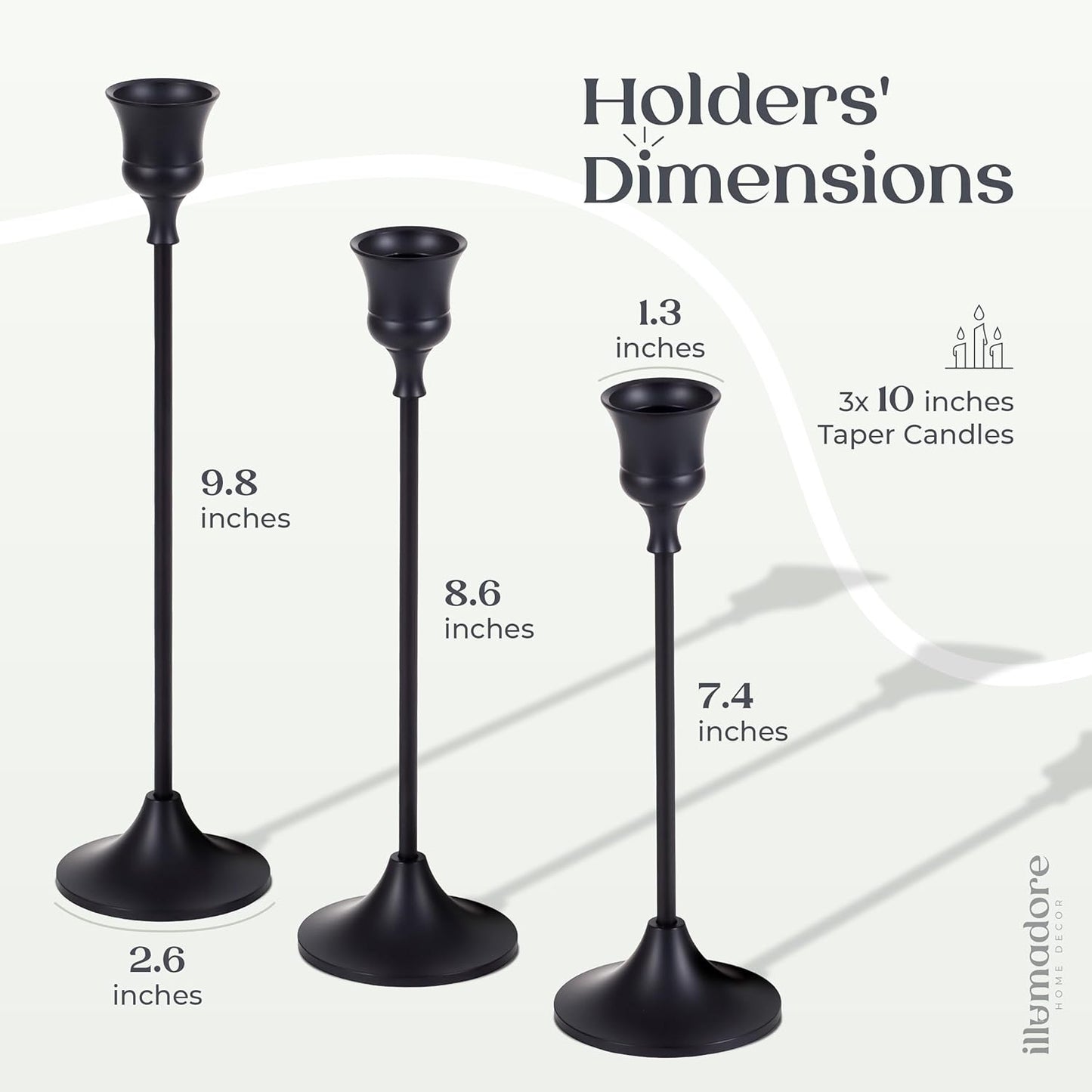 Black Candlestick Holders | Set of 3 | Metal with Matte Finish | 3 Different Sizes | Taper Candles Included | Decorative Centerpiece for Wedding, Christmas, Fireplace Mantel, Dining Table