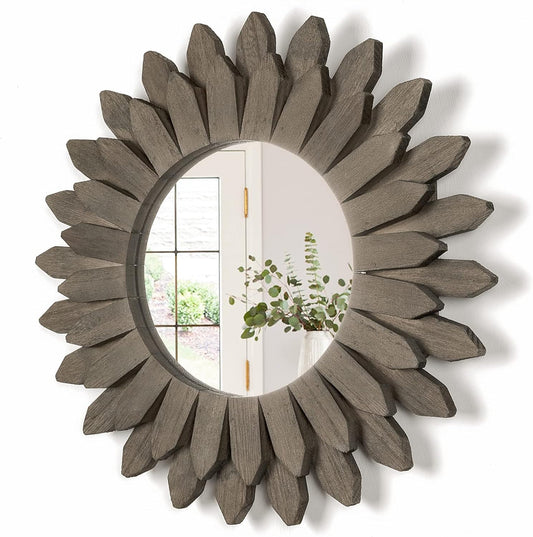 Honiway Farmhouse Wall Decor Mirror 12 inch Sunburst Boho Wood Mirror Rustic Home Decor Room Decoration for Bedroom Living Room Weathered Grey