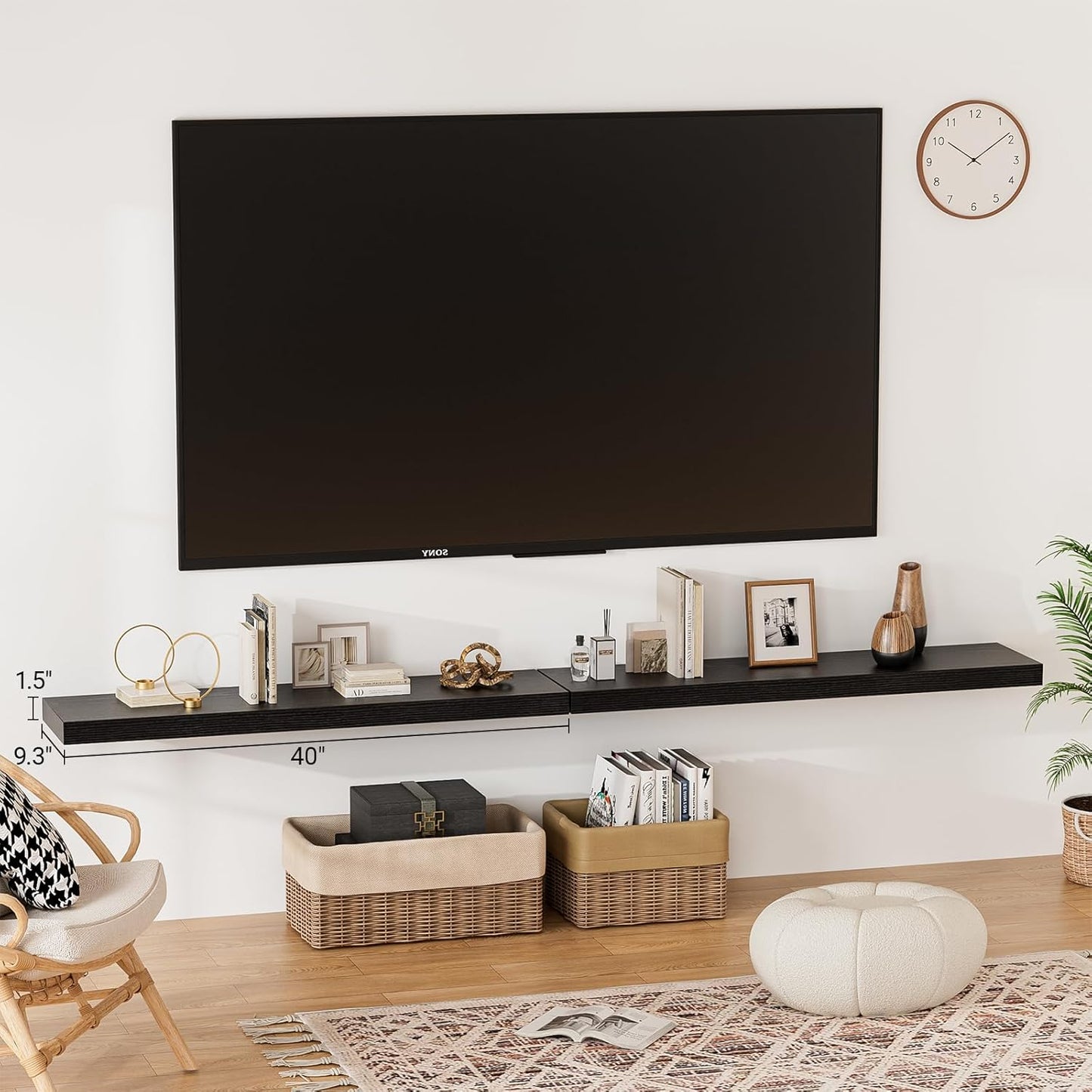 Heimlove 40 Inches Floating Shelves for Wall,9.3" Deep Black Long Floating Shelves Set of 2,Large Display & Storage Shelf,Wall Shelf for Bathroom Bedroom Living Room Kitchen Office