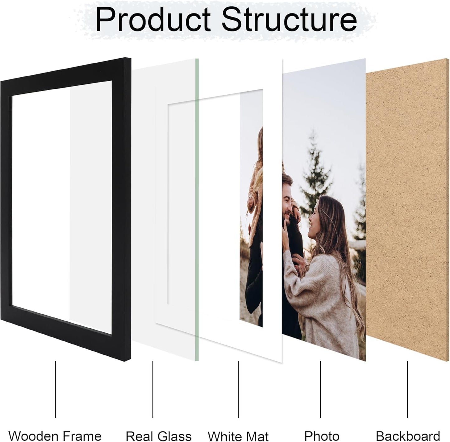 10x14 Picture Frame Set of 4, 10 x 14 Wood Photo Frames with Mat for 8x12 or 30x40cm Diamond Painting Art, Wooden Frame with Real Glass Cover for Wall and Tabletop Display,Black