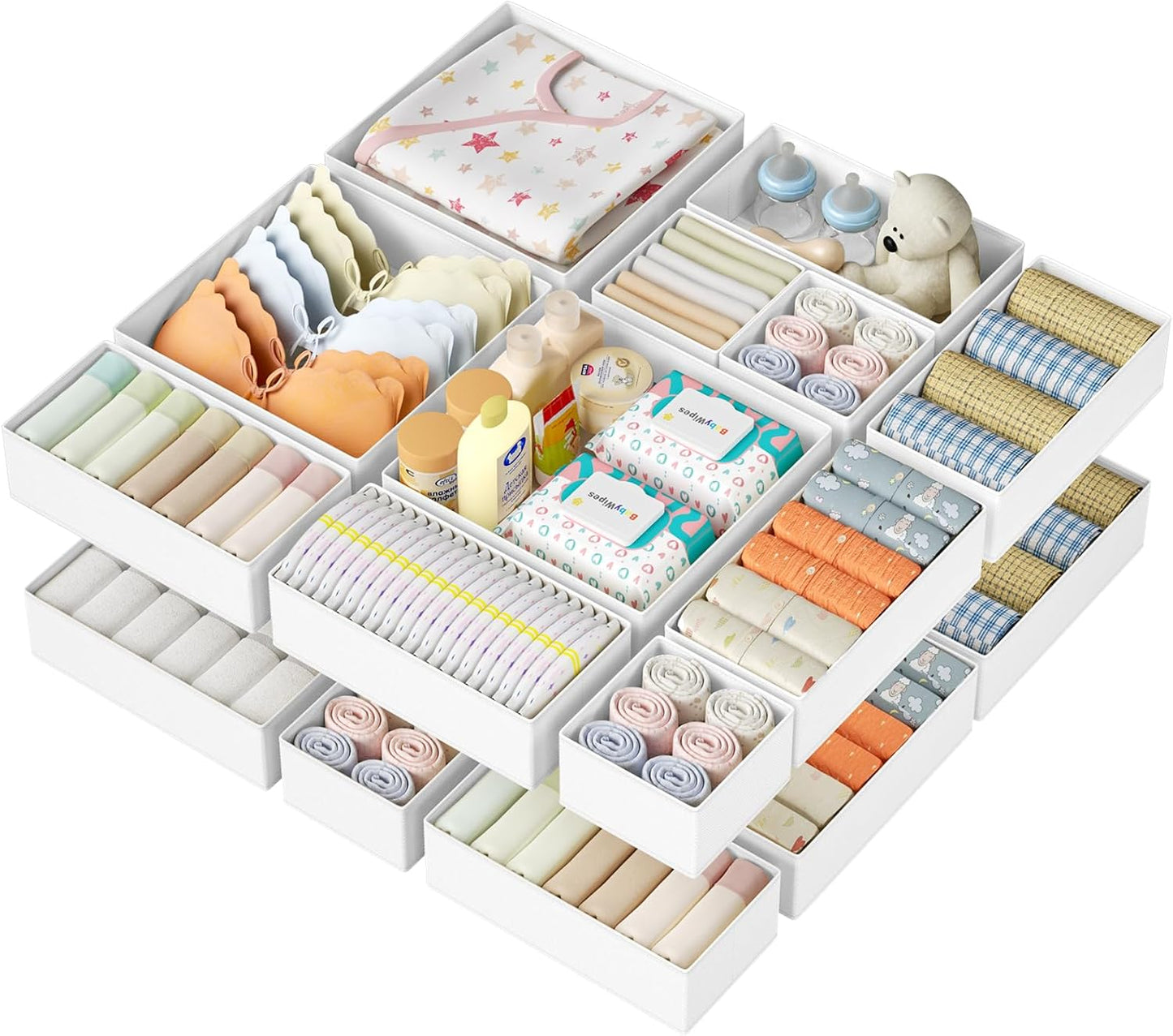 DIMJ Drawer Organizer Clothes 24 Pack - Foldable Baby Organizers and Storage & Dresser Organizer for Bedroom, Closet - Nursery Organization Dresser Dividers for underwear, Sock,Bra, Belt, Tie, White