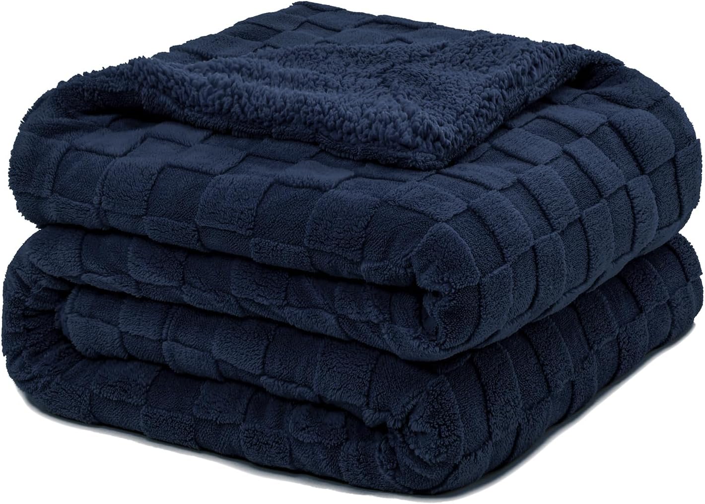 Pawque Super Soft Cozy Throw Blanket Twin Size for Couch Bed, Fluffy Sherpa Fleece Reversible Thick Warm Fuzzy Blanket for All-Season, 3D Checkered Jacquard Decorative Blankets, Navy Blue, 60" x 80"