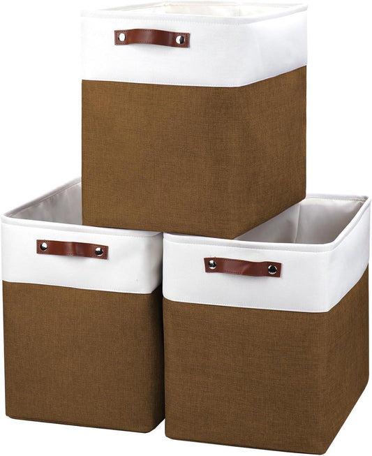 Large Fabric Storage Baskets | 50L Storage Bins, Decorative Linen Closet Baskets with Handles for Organizing, Shelf, Toys, Clothes, Home, Office, Nursery, 17x12x15Inches (Brown&White)