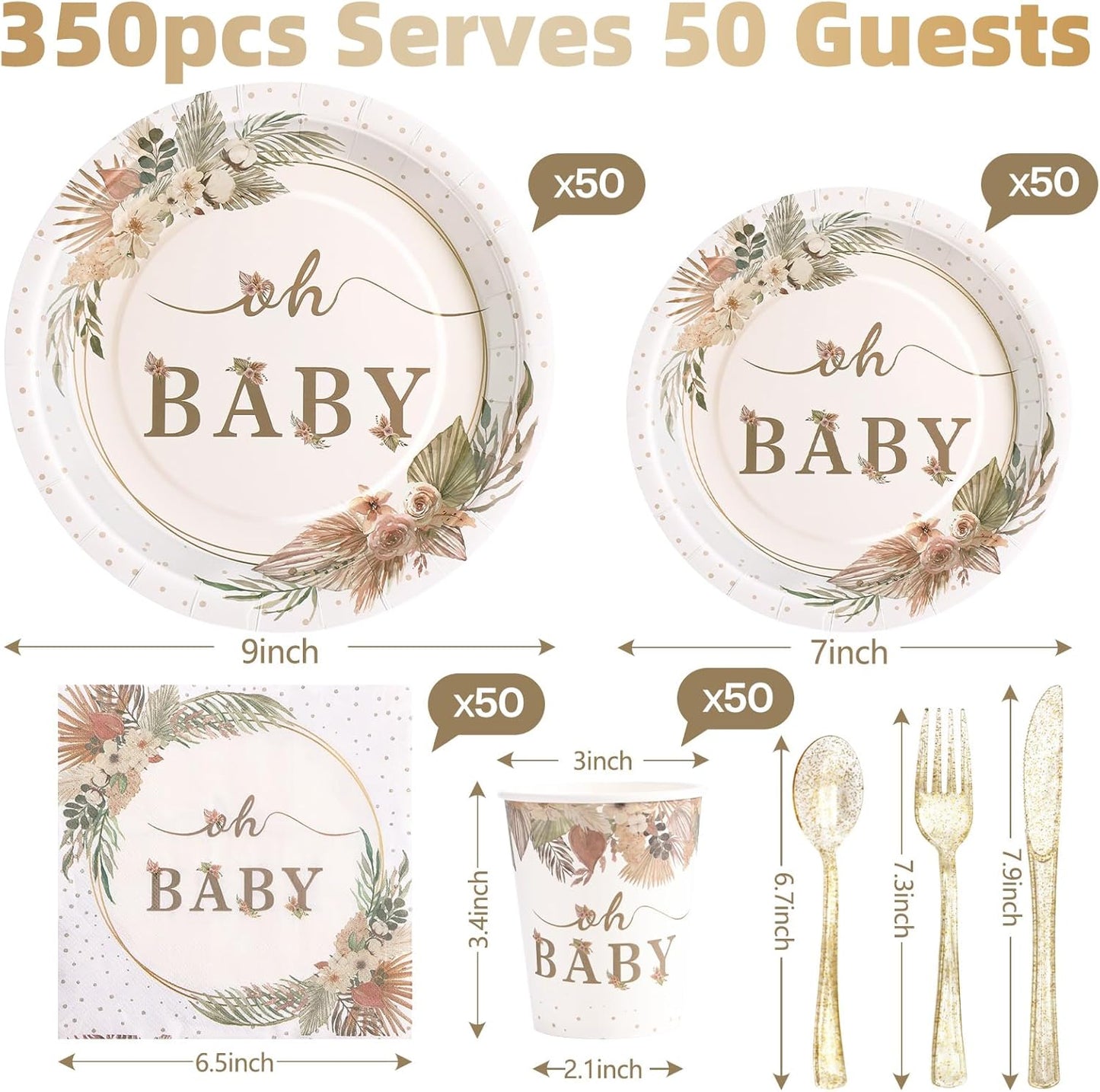 350 Pcs Boho Baby Shower Decorations for Girl, Baby Shower Plates and Cups and Napkins Sets, Oh Baby Plates for Western Sweet Baby Girl, Summer Fall Gender Neutral, Serves 50