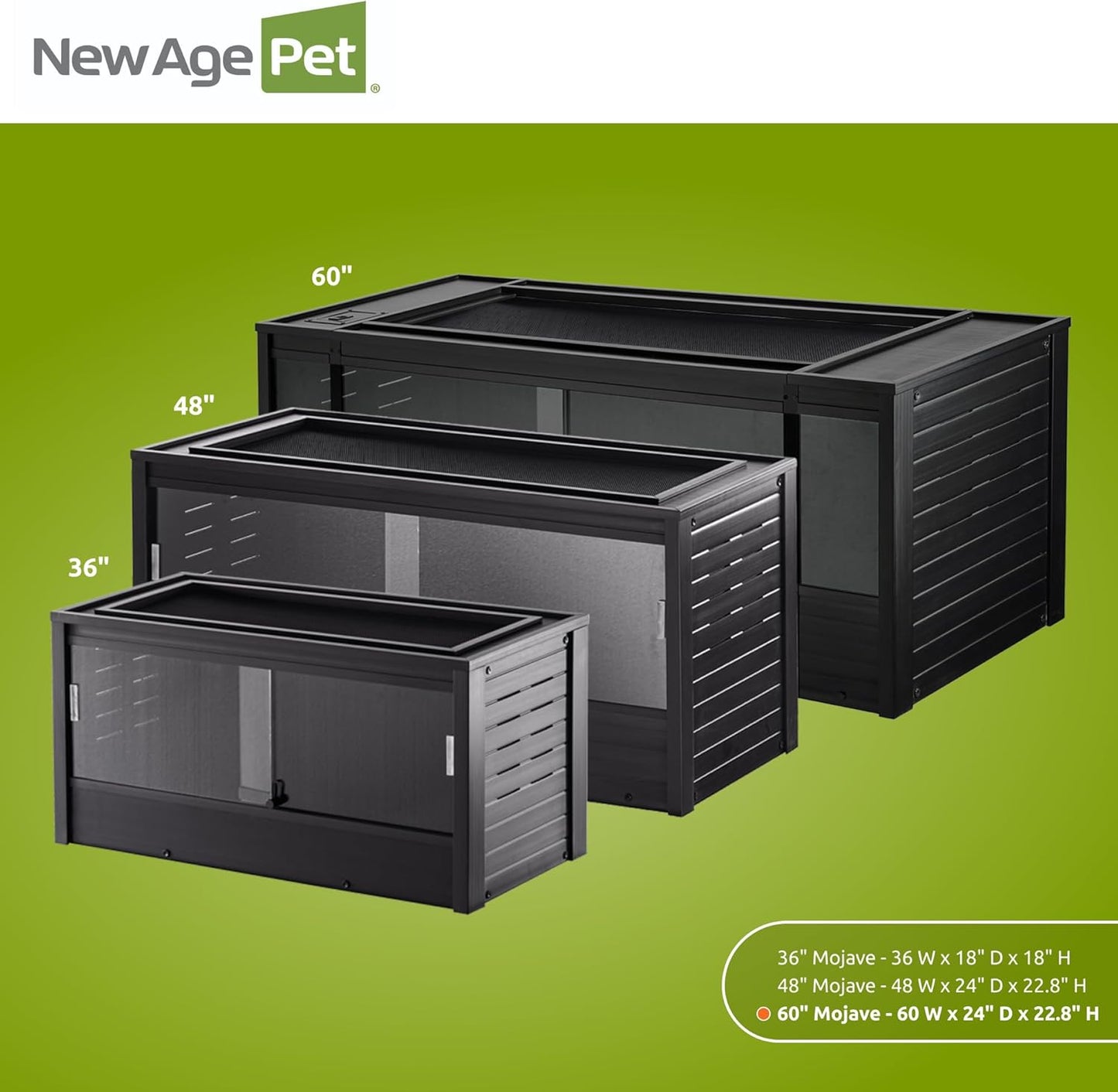 New Age Pet ECOFLEX 60 in Mojave Reptile Lounge in Espresso Black, Durable Wood Plastic Composite Habitat with Vented Side Panels, Removable Sliding Glass Doors, and Mesh Screen Top for Lamp Setup,