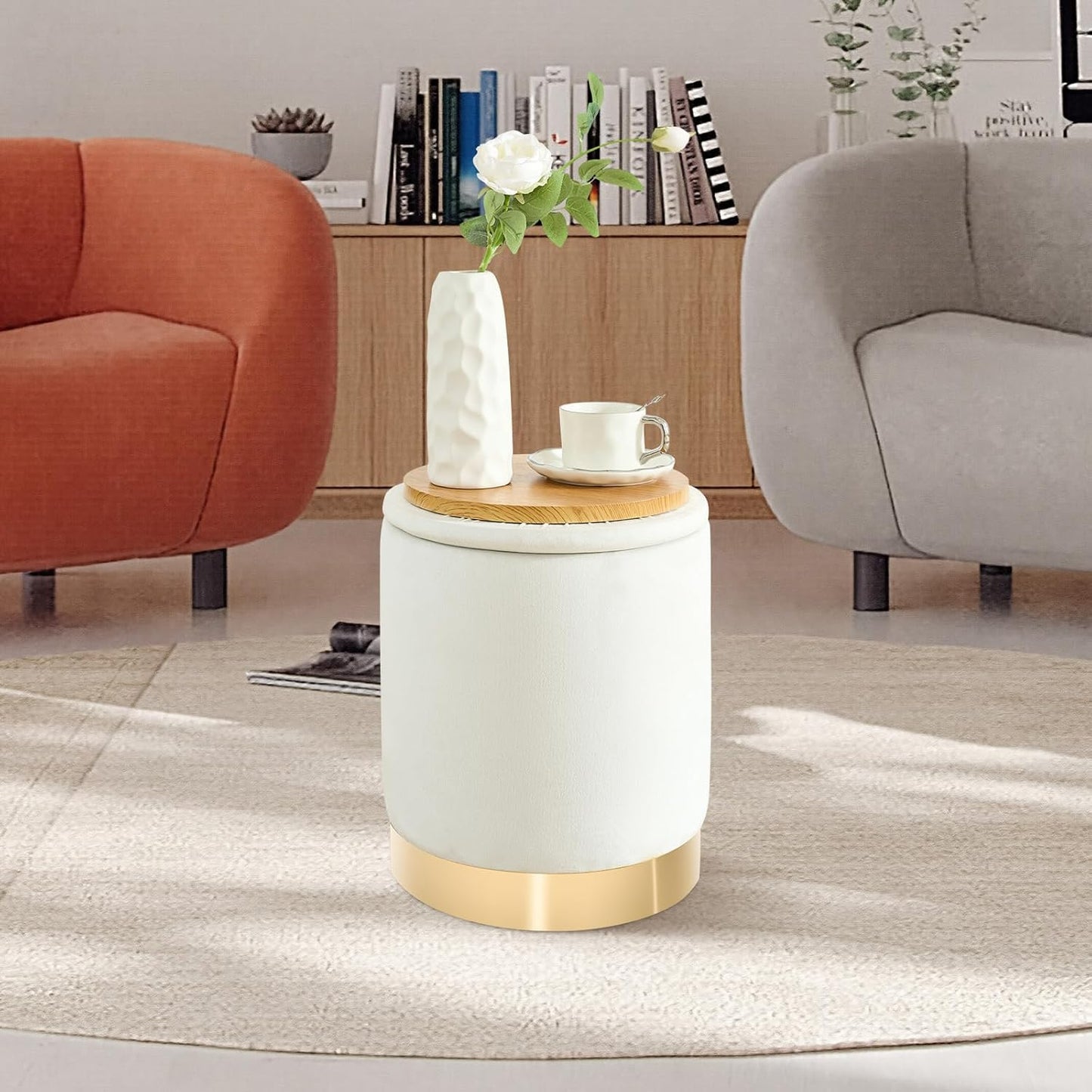 Round Ottoman with Storage Set of 2, Upholstered Velvet Storage Ottomans, Vanity Stool, Multifunctional Ottomans, Coffee Table Foot Rest Ottoman for Living Room Bedroom, White