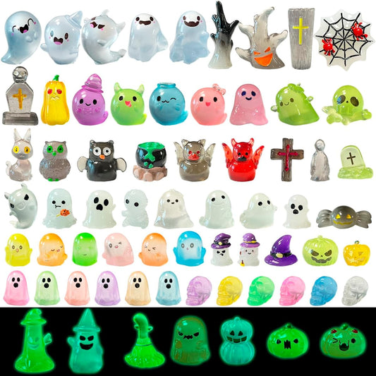 72 Pcs Halloween Mini Resin Animals Figures Kit - Luminous Tiny Resin Figurines Accessories, Glow in The Dark Miniature Ghost Figurines for Halloween Party, Micro Landscape, Tabletop Decor