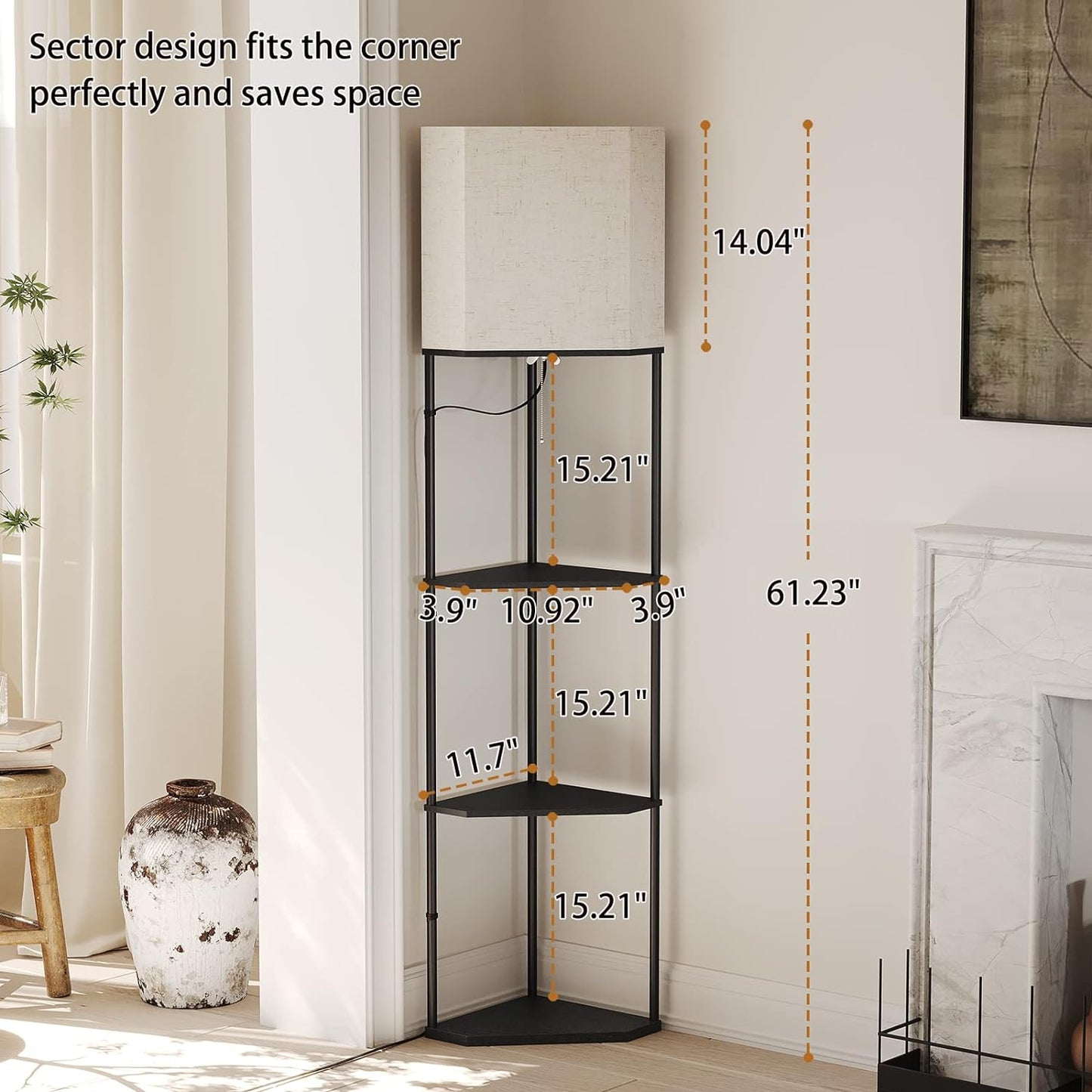 SUNMORY Sector Corner Shelf Lamp 3 Color Temperatures LED Bulb,Corner Lamps with Linen Lampshade, Floor Lamps for Living Room, Bedroom, Study, Black Standing Lamp with Shelves