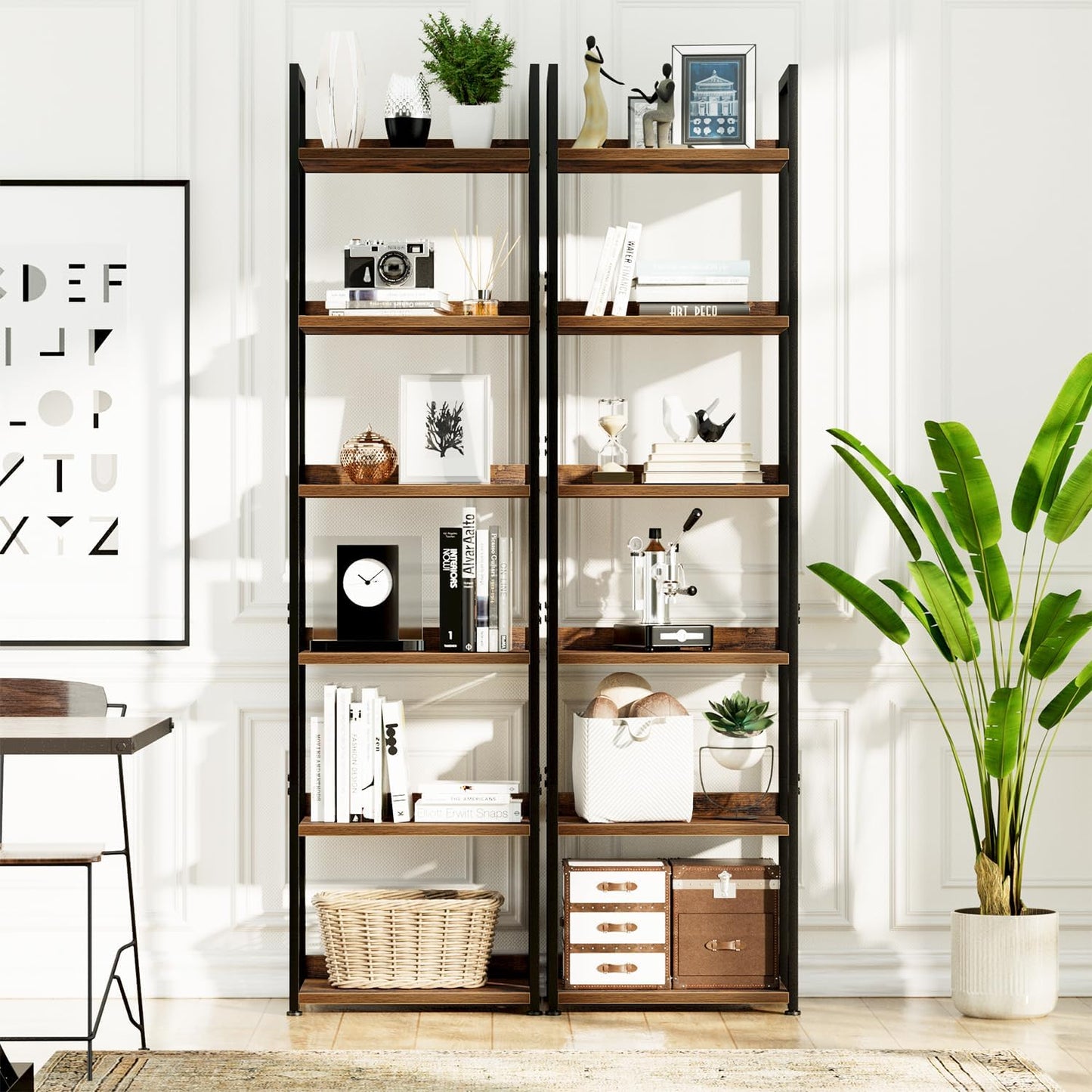 NUMENN Narrow Bookshelf, 6 Tier Bookshelves, Home Office Bookcase Shelf Storage Organizer, Free Standing Storage Shelving Unit for Bedroom, Living Room and Home Office, Vintage