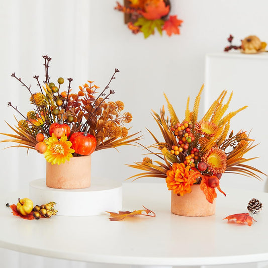 Thanksgiving Centerpiece Fall Table Flower - 2 Pack Lighted Realistic Artificial Table Plant with Western Modern Boho Rustic Aesthetic Bouquet Fall Decor Gift for Home Farmhouse