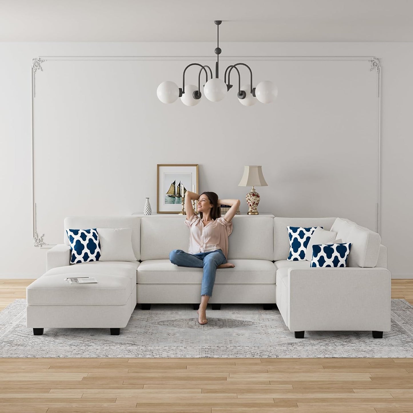 L Lengend Vansen Modular Sectional Sofa U Shaped Couch with Ottoman Modern Reversible Corner Sectional Couch for Living Room (Cream, U Shaped Sofa-3)