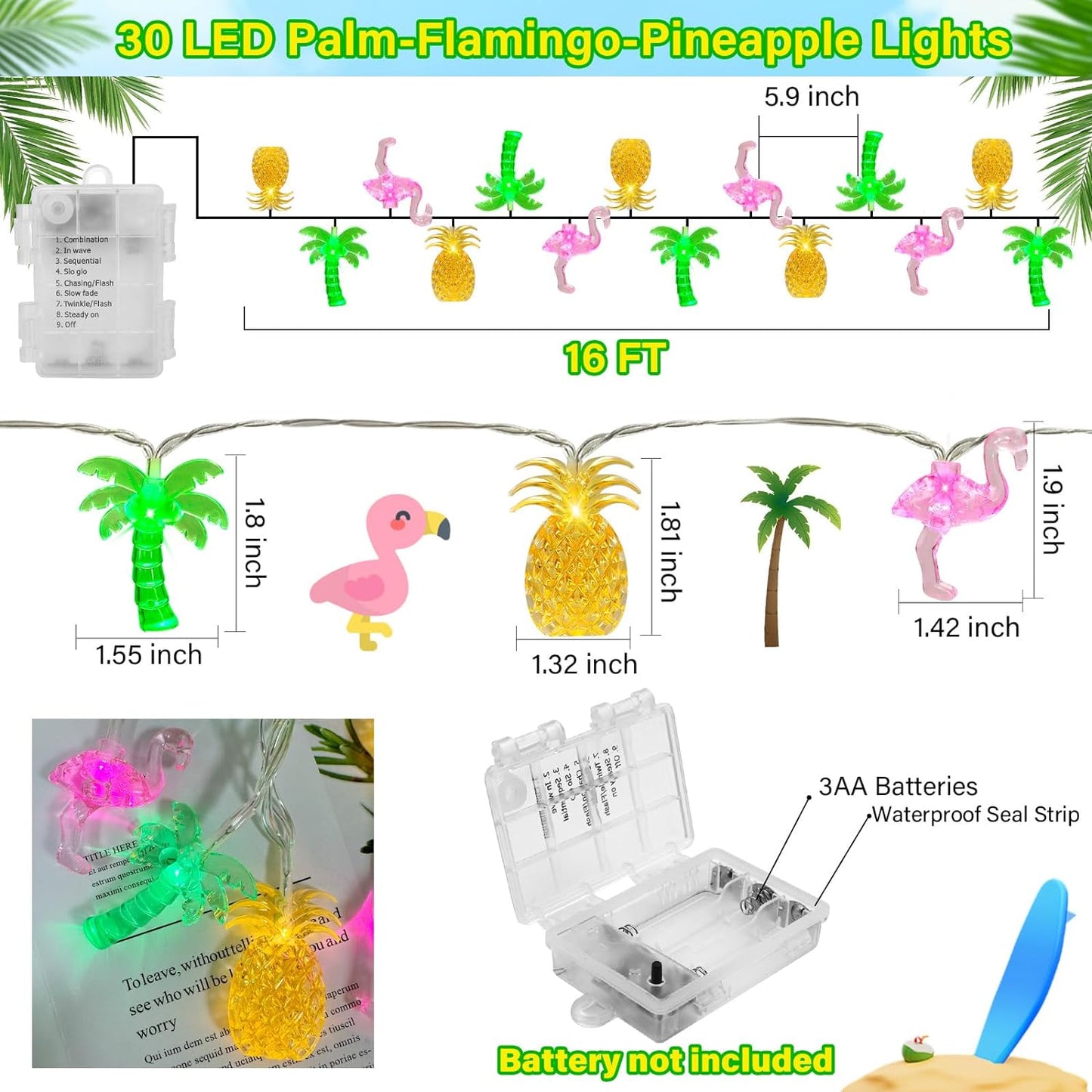 Couah 30 LED 16Ft Summer Beach Hawaiian String Lights - 8 Modes & Timer - Flamingo Pineapple Palm Tree Fairy Lights - Battery Operated for Tropical Party Pool Decorations