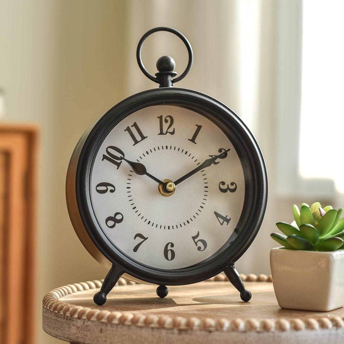 Vintage Non-Ticking Black Table Clock with Stand, Decorative Clock for Desk and Shelf, Rustic Farmhouse Style Mantel Timepiece