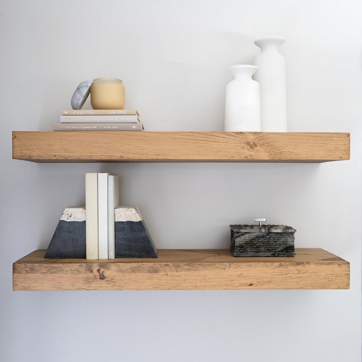 Modern Floating Shelves 3 Inches Thick for Wall, Wide Shelves for Kitchen, Living Room, Bedroom, and Bathroom, Natural Pine Wood, Rustic Wooden Shelf, (Set of 2) (Aged Oak, 60Lx3Hx6D)