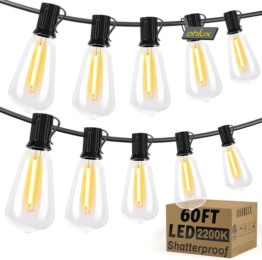 OHLUX Bistro String Lights Outdoor, 60FT Deck Lights with 32 Shatterproof ST38 Vintage Edison Bulbs, 2200K Warm Dimmable Connectable LED Light String for Outside Porch Yard Gazebos Balcony Garden