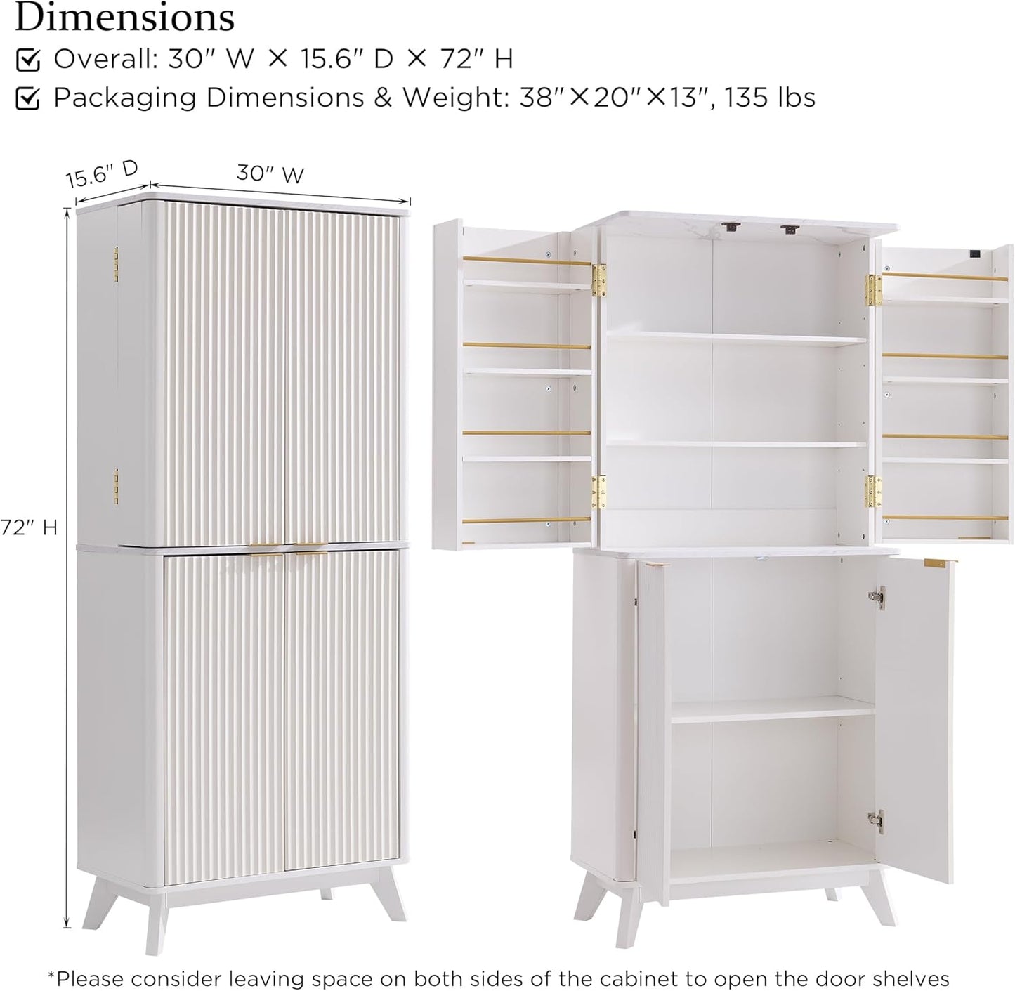 OKD Fluted Kitchen Pantry, 72" Tall Mid Century Modern Storage Cabinet with Adjustable Shelves & Door Organizer, Wood Cabinet for Kitchen, Living Room, Solid White
