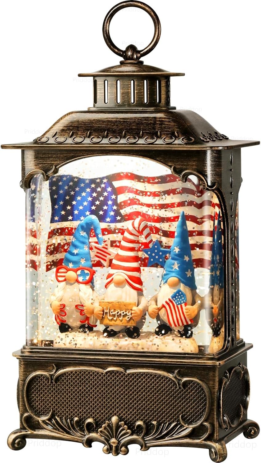 Gnome Snow Globe Lantern 4th of July Decorations with Timer, USB and Battery Powered 4th of July Shirts Patriotic Gnomes and American Flag Independence Day 10.2 inch