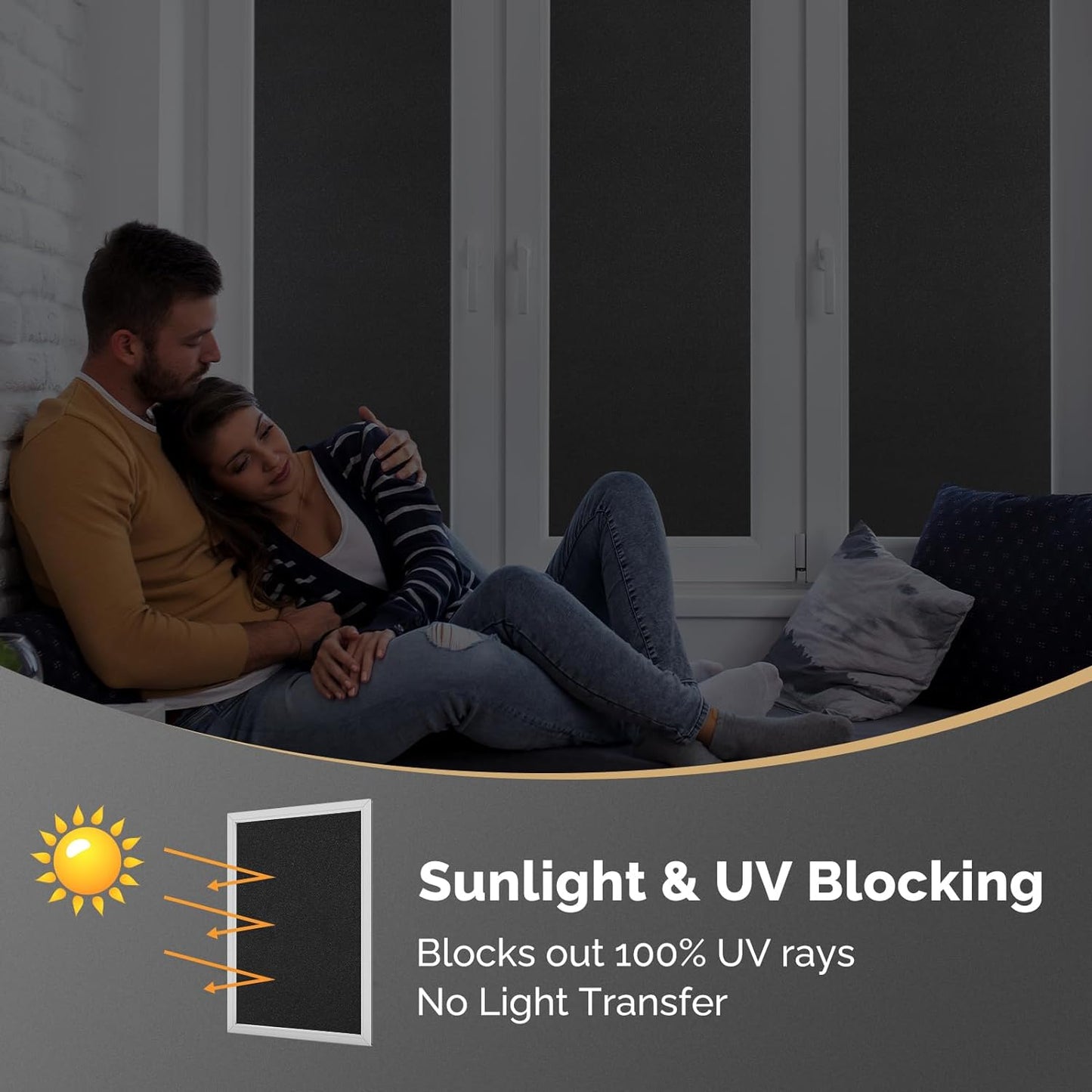 DOWELL Blackout Window Film, 100% Light Sun Blocking Static Cling Frosted Privacy Film for Glass, Heat Control Removable Window Tint, Room Darkening Cover for Day Sleep, Black, 35.4" x 157.5"